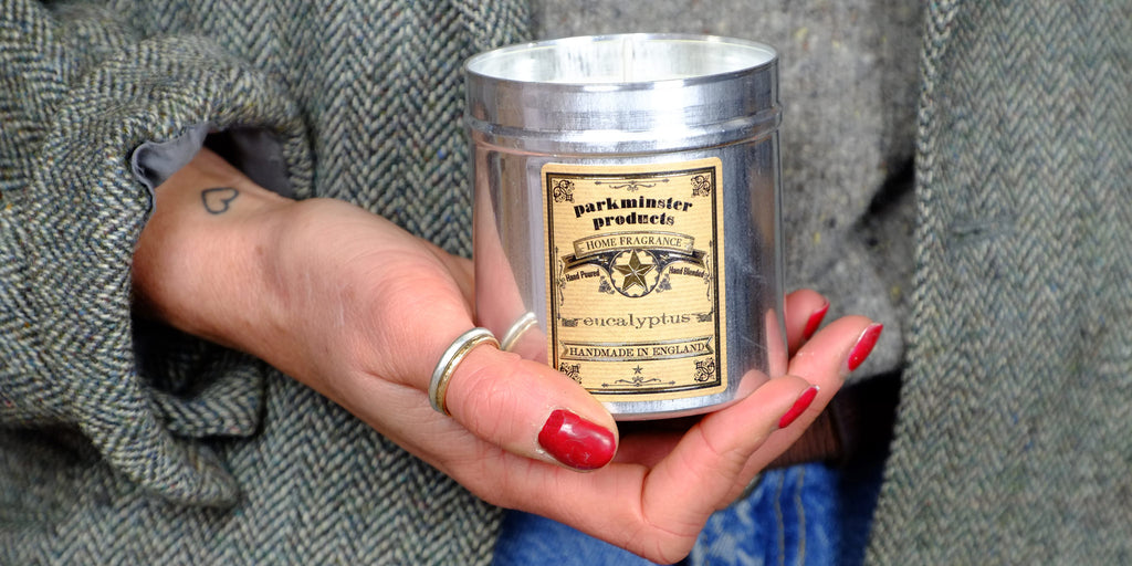Parkminster Eucalpytus Tin Scented Candle 300ml Home Fragrance Company Hand Made in Cornwall and Sussex Essential Oils Soy Wax & Plant Based Ingredients Vegan & Cruelty Free Reduce Reuse Recycle
