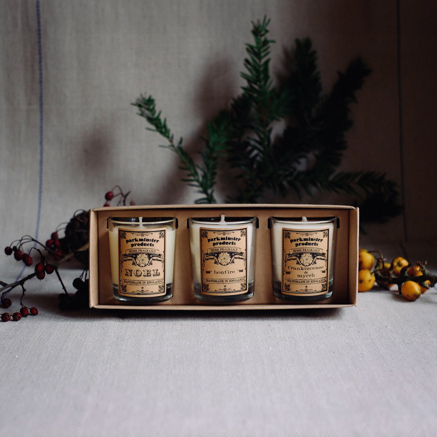 Christmas Votive Set - 3 Festively Frangranced 75g Parkminster Votive Candles in a Natural & Recycled Kraft Paper presentation box. The perfect gift this Christmas.