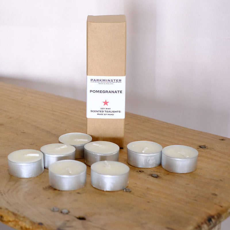 Pomegranate scented soy wax tealights hand poured in Cornwall by Parkminster