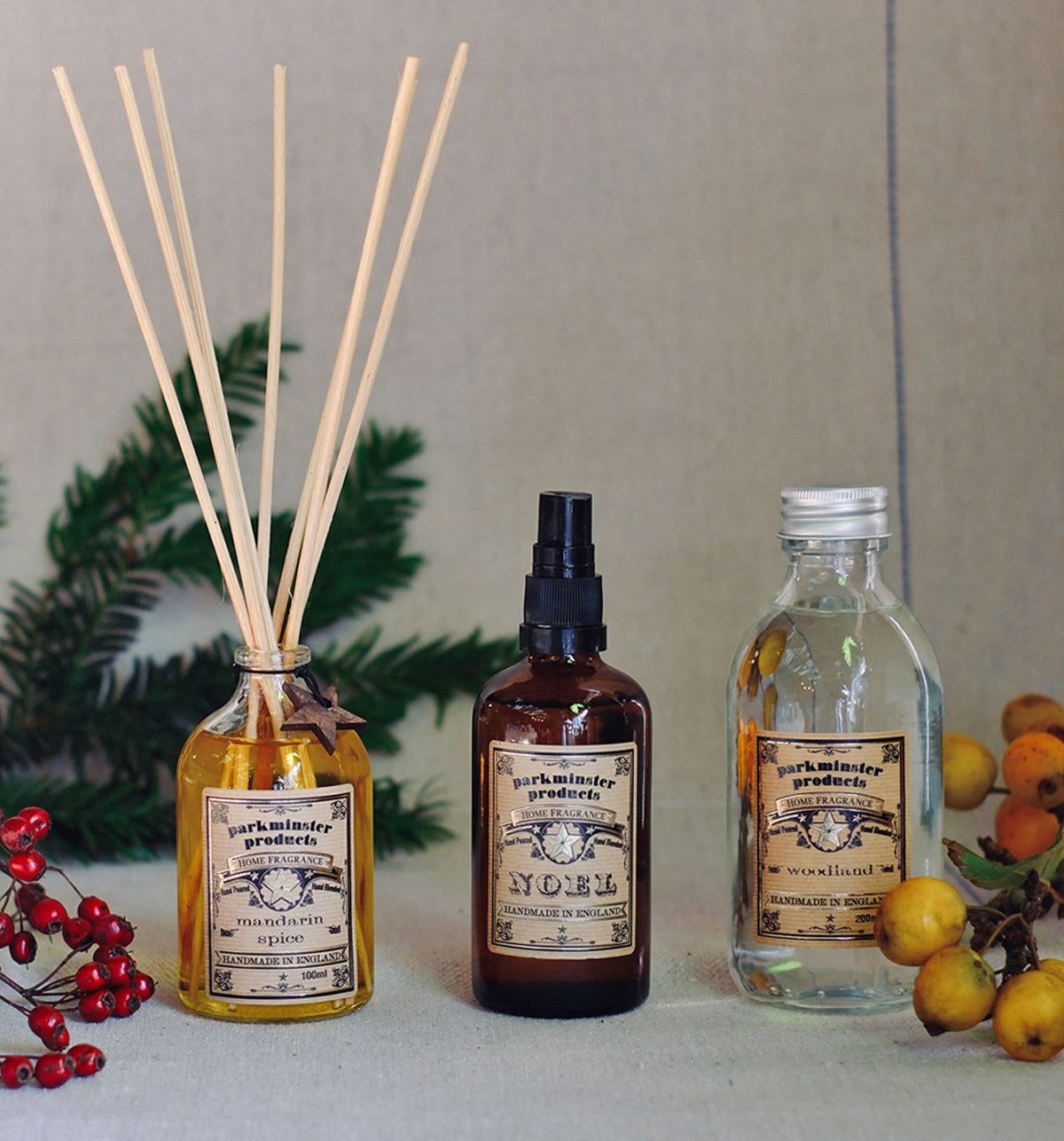 Parkminster's Christmas Reed Diffusers, Room Mists, and Reed Diffuser Refills, available in 8 exclusive festive fragrances. Ideal Christmas gifts to fill any home with festive scents and seasonal ambiance.