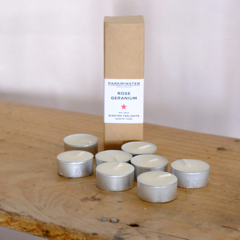 Rose Geranium Scented Soy Wax Tealights by Parkminster Home Fragrance Company Cornwall