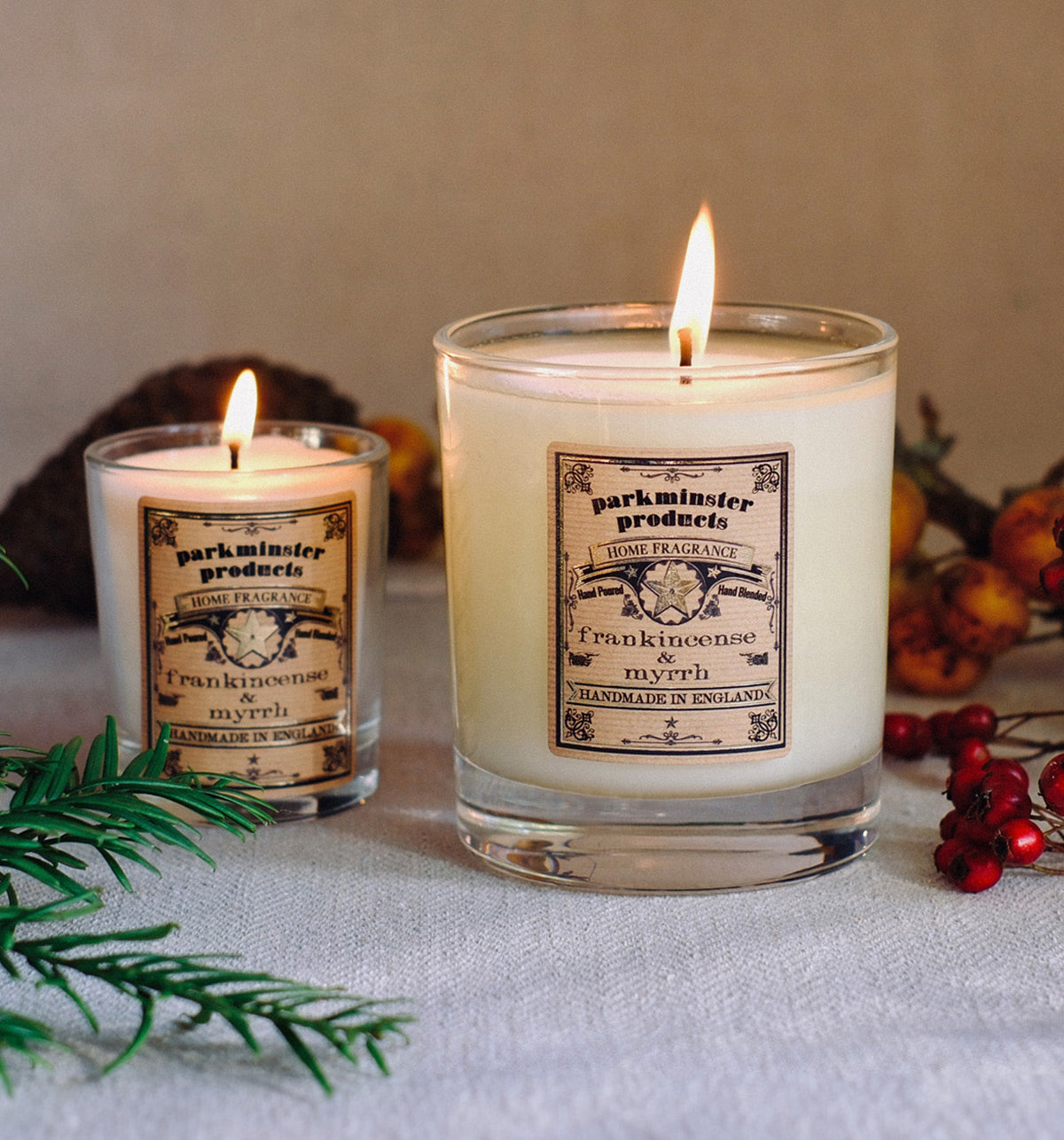 Frankincense & Myrrh votive candle featuring woody, earthy, and sweet aromas. Ideal for creating a cozy, festive atmosphere in your home this Christmas. Parkminster Candles