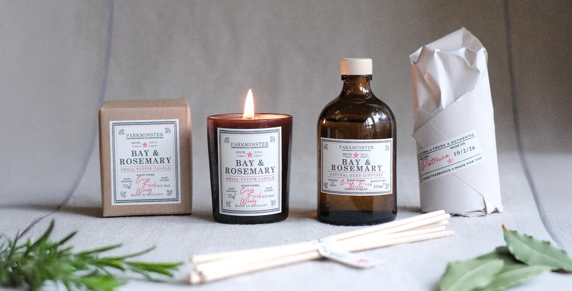 Bay & Rosemary fragrance in our Small Votive Candle. A soothing blend of fresh herbs and citrus, perfect for creating a calming atmosphere.