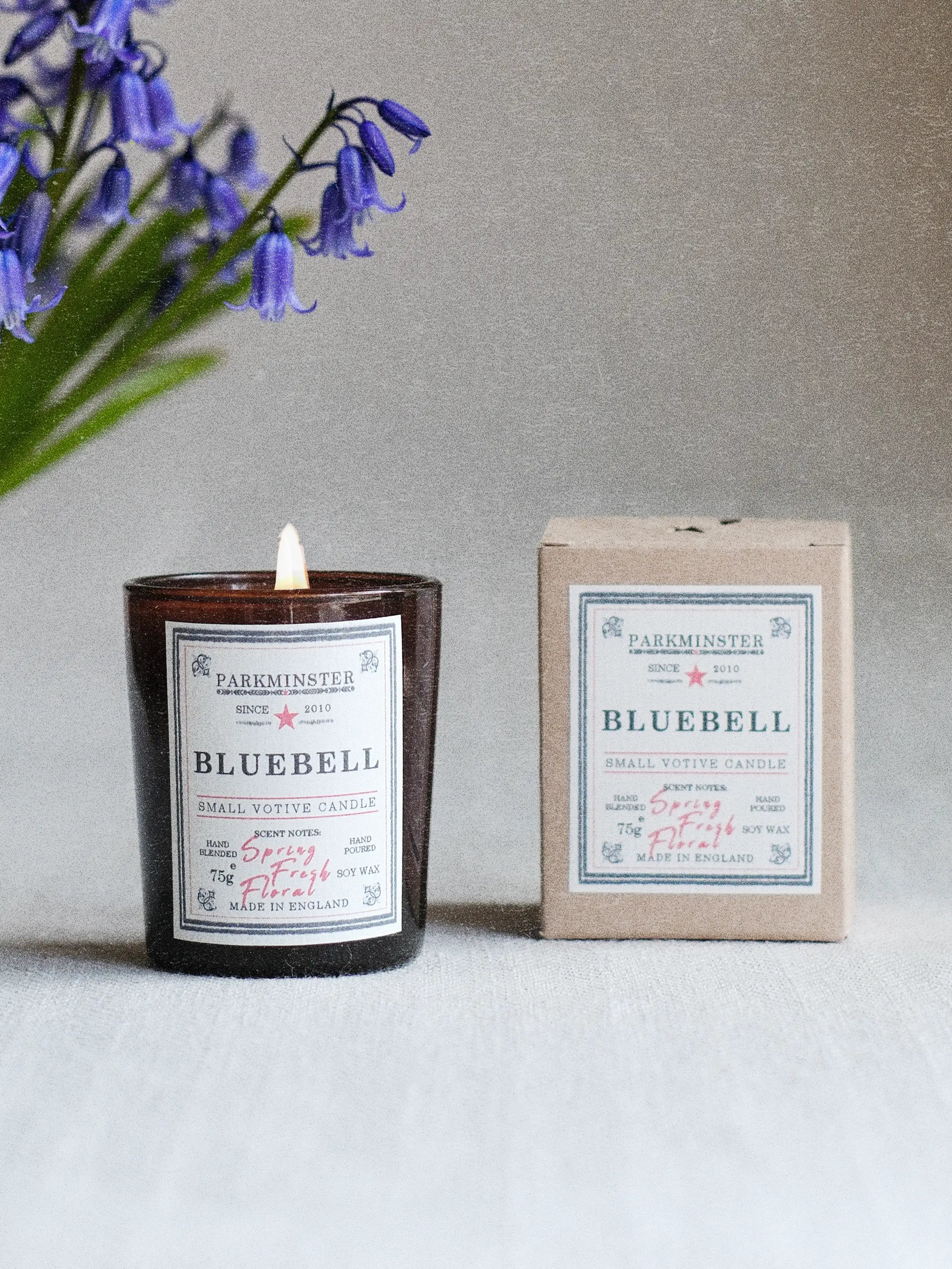 a Parkminster Bluebell small soy wax votive candle hand-poured with natural wax for a fresh floral home fragrance