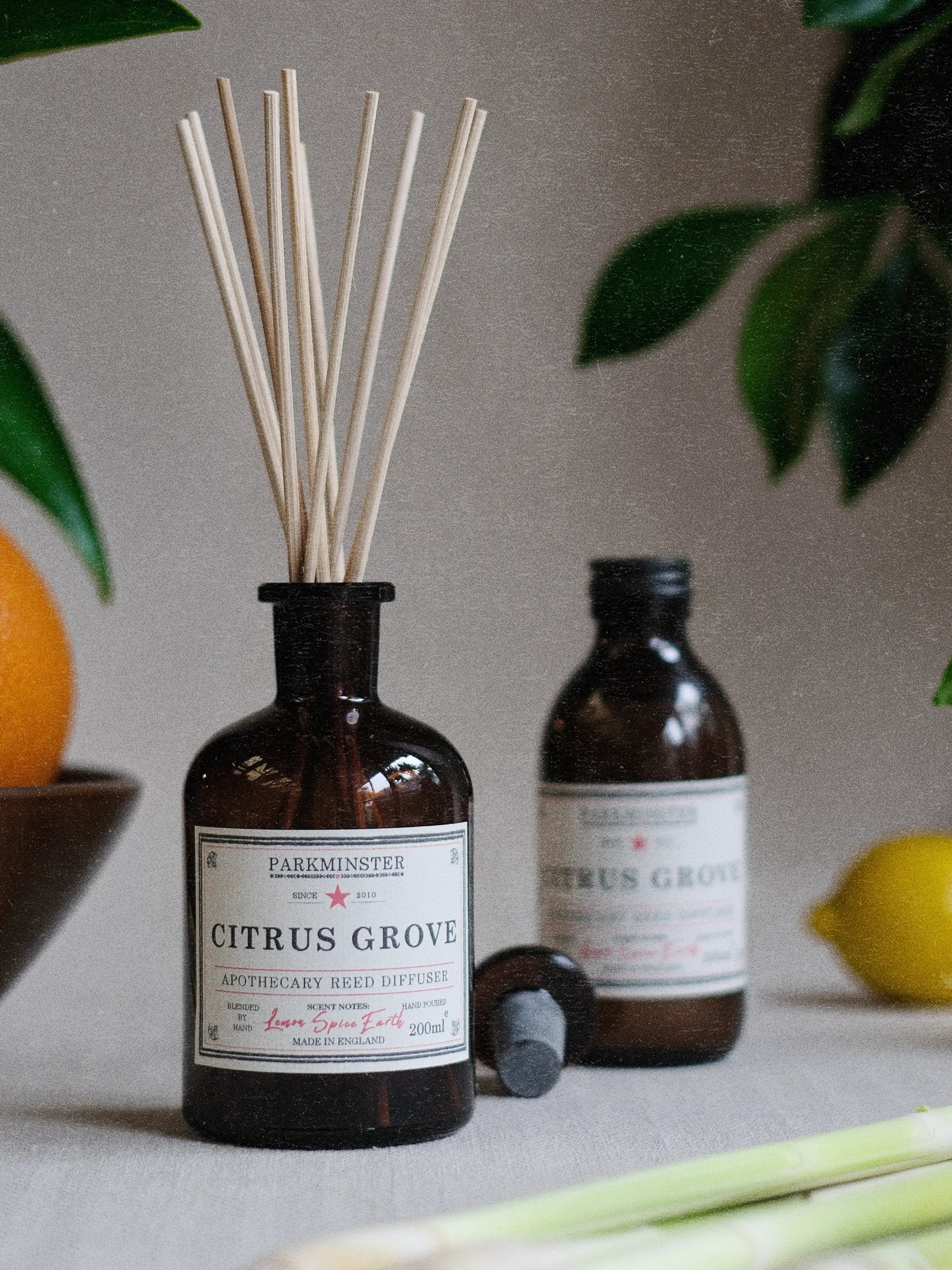 a Parkminster Citrus Grove Reed Diffuser 200ml in a natural kitchen setting. Made with natural citrus essential oils - an inspired fragrance for a fresh home scent