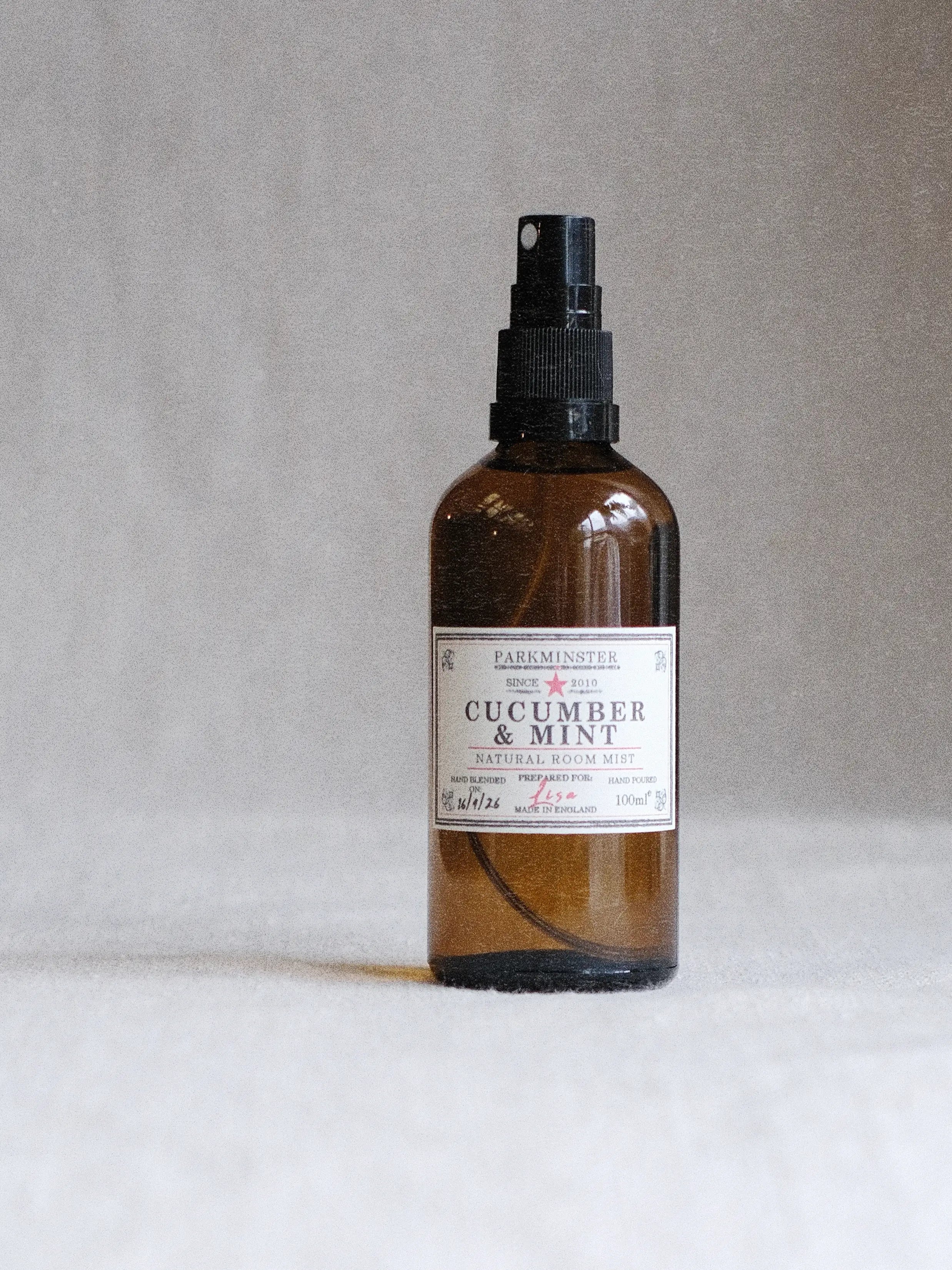 Natural Cucumber and Mint Room Spray, fresh botanical home fragrance in amber glass bottle, plant-based room mist UK