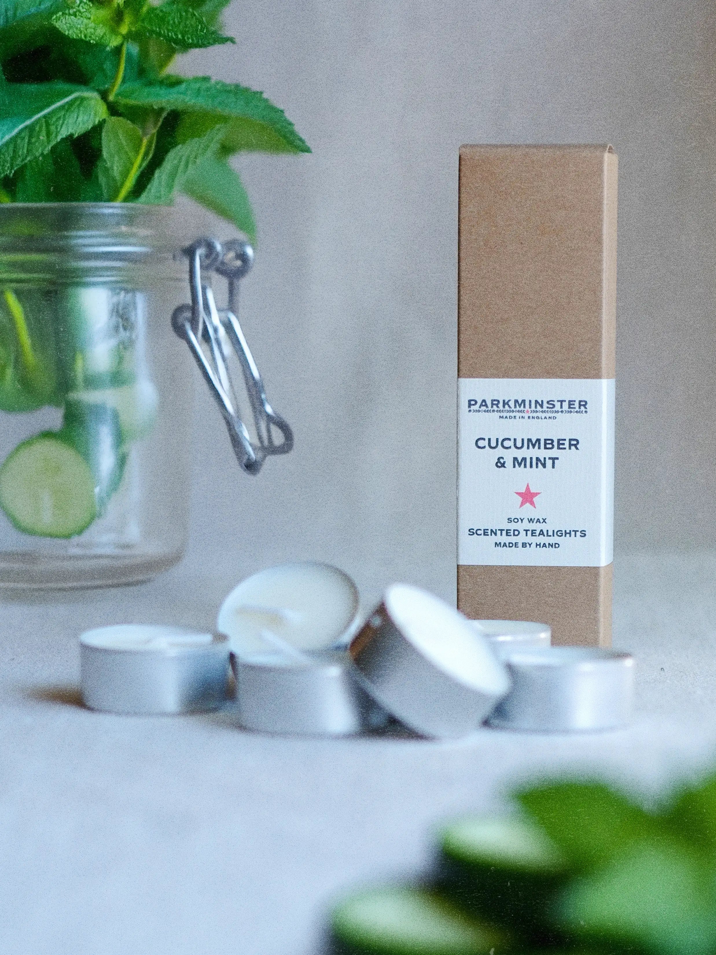 Parkminster Cucumber & Mint soy wax tealights made with natural fragrances and fresh green scent profile