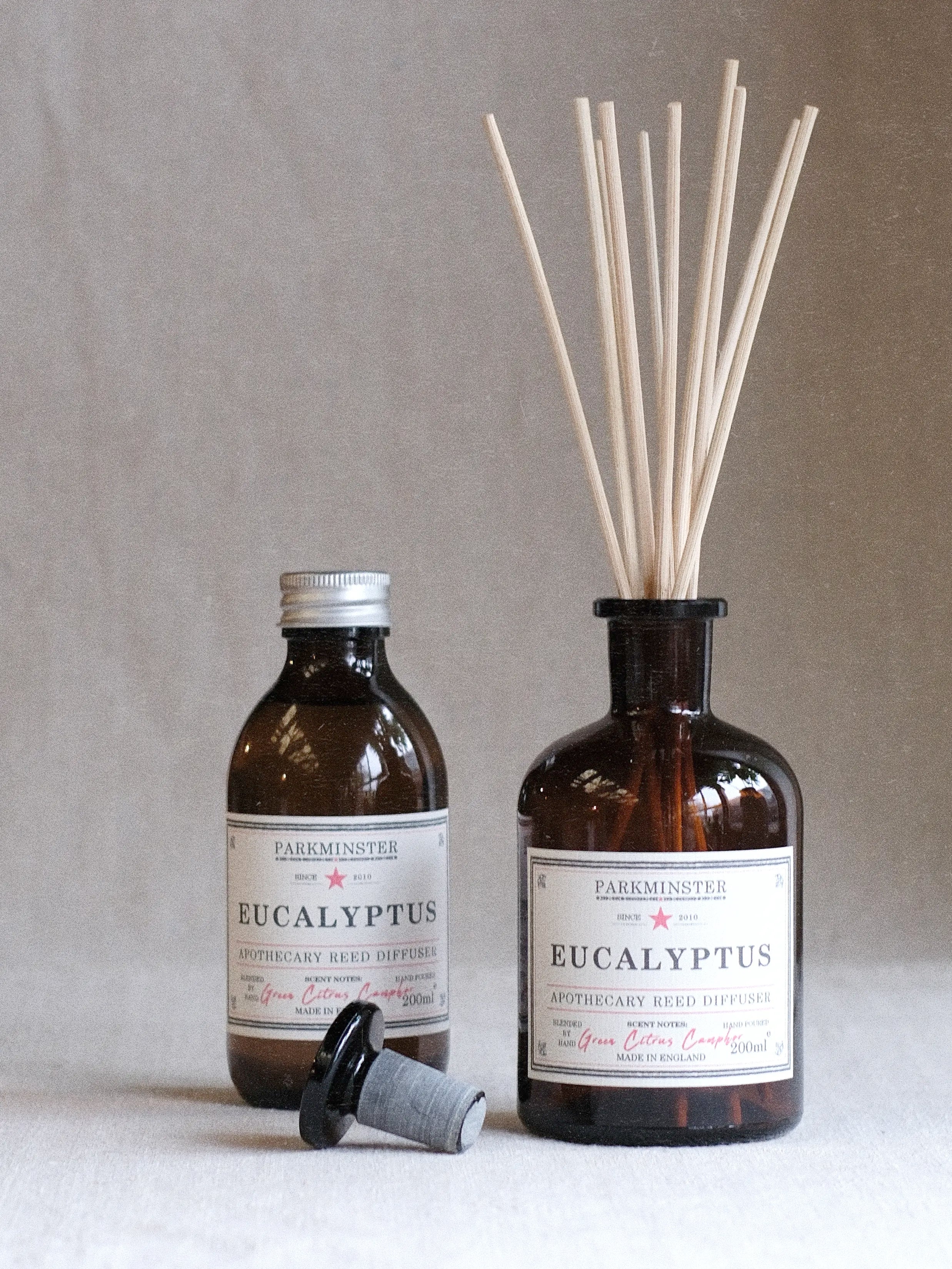 a 100% essential oil Eucalyptus reed diffuser releasing a crisp, clean, and refreshing natural fragrance that purifies and uplifts the home