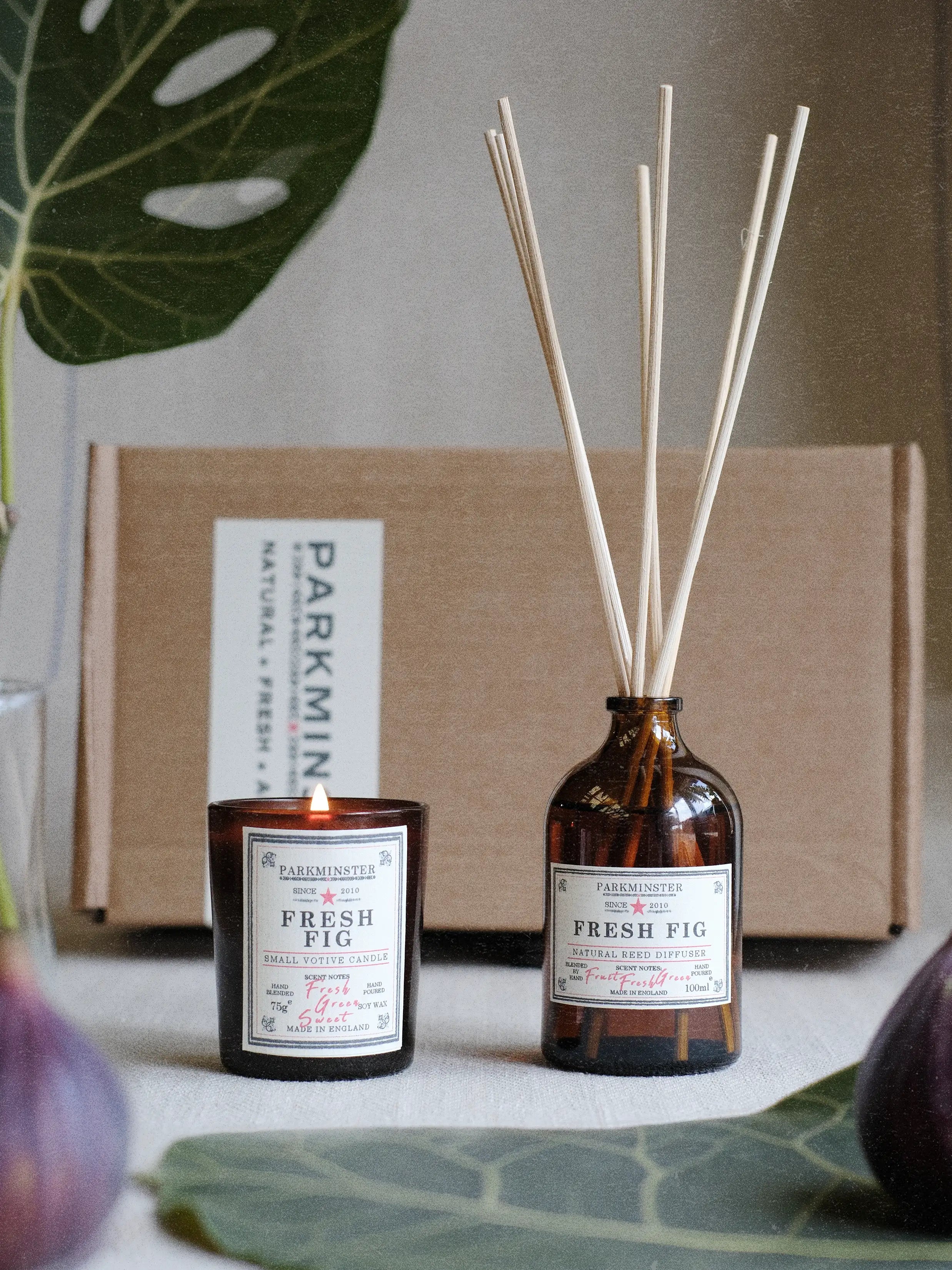 Parkminster Fresh Fig candle and diffuser gift box featuring natural home fragrance gift set with candle, reed diffuser and recycled packaging