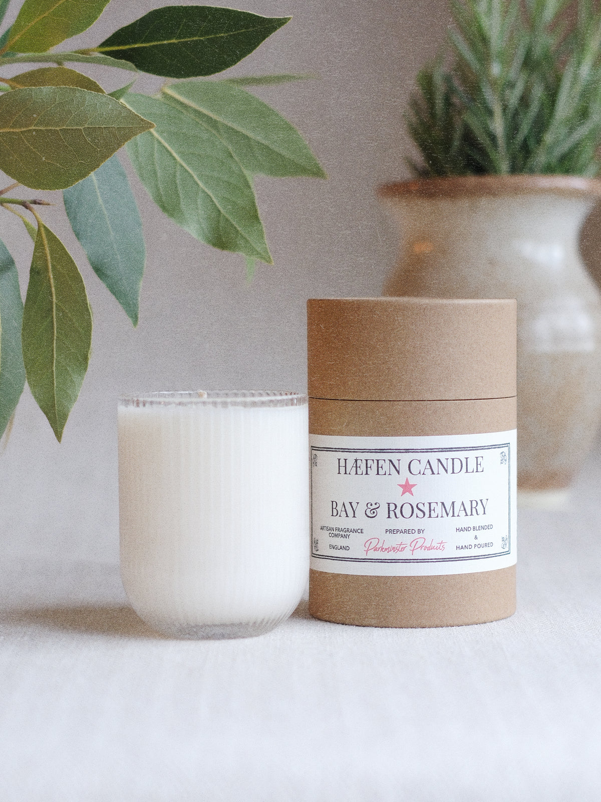 Bay & Rosemary HÆFEN soy wax candle in ribbed glassware with a fresh herbal and woody essential oil fragrance