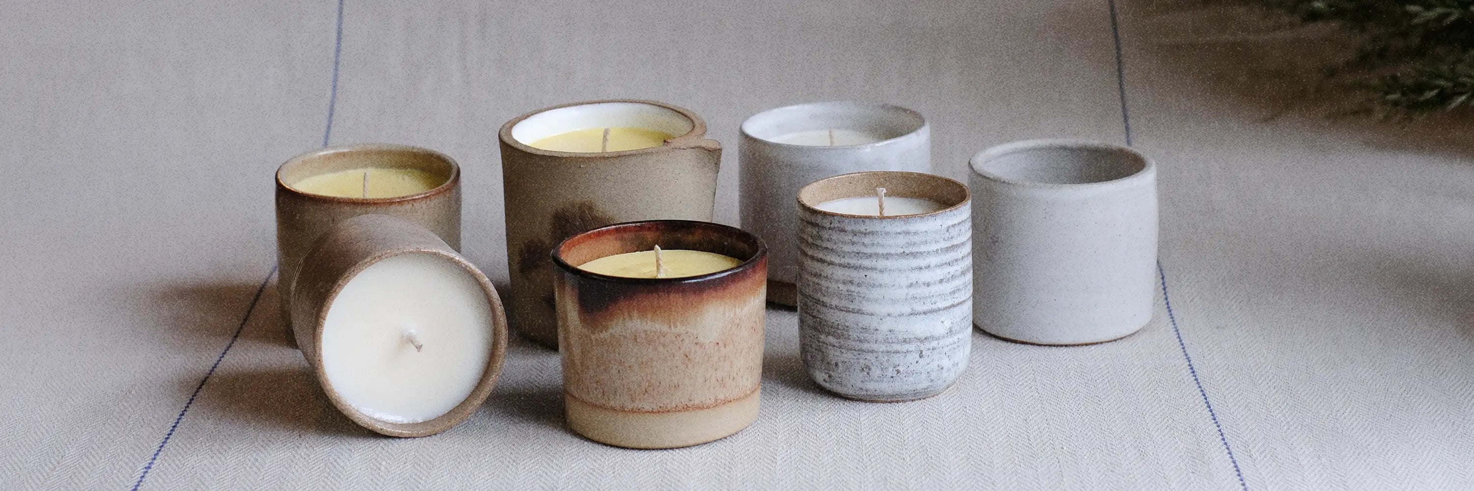 Collection of Parkminster handmade ceramic pot candles crafted by UK potters with natural soy wax and unique artisan glazes
