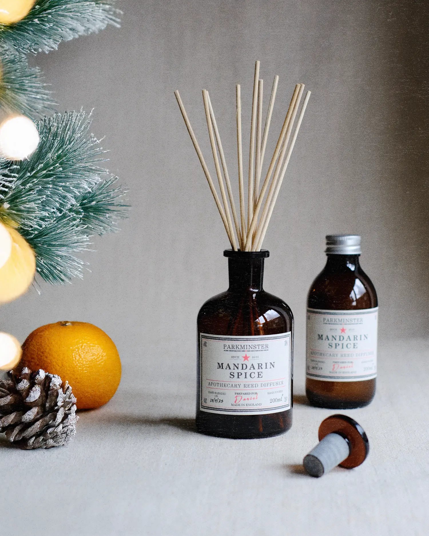 Parkminster Mandarin Spice Reed Diffuser – handmade festive home fragrance with rich orange and cinnamon notes, an ideal Christmas present.