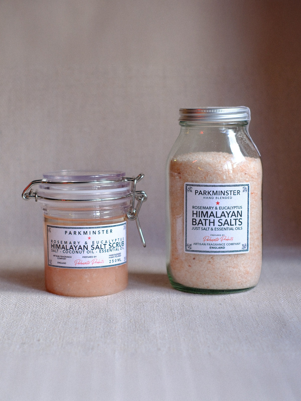 Natural Parkminster Bath Salts and Body Scrubs, crafted with Himalayan salts and essential oils, free from chemicals and additives