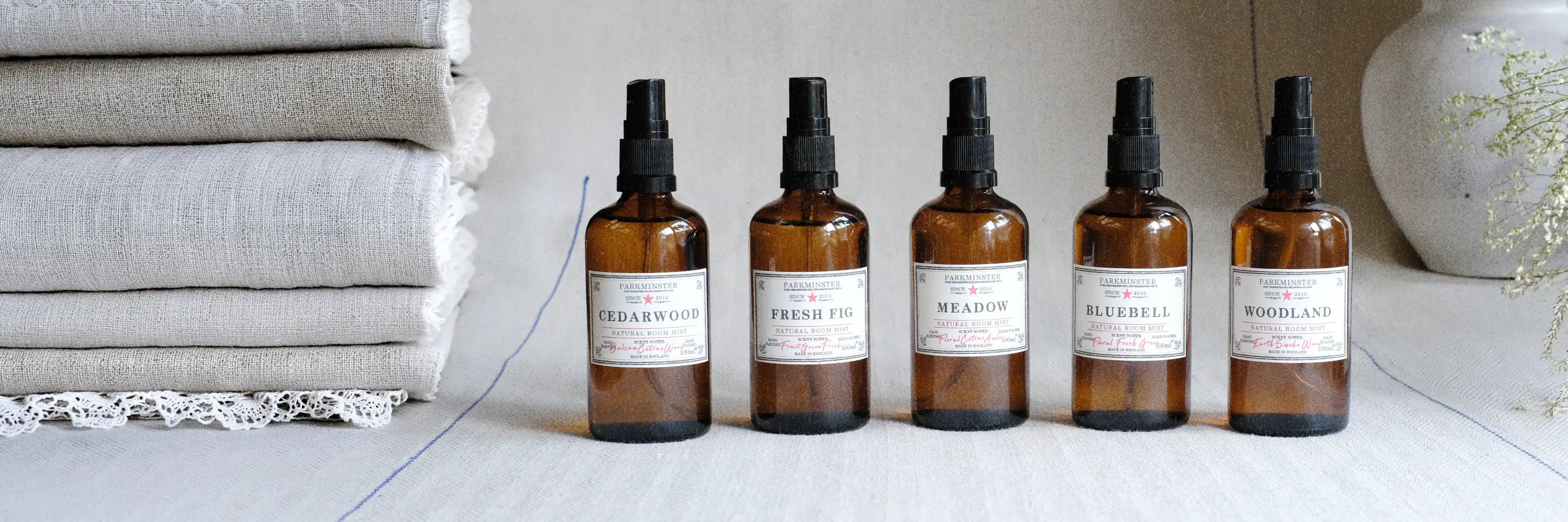 Selection of Parkminster natural room mists made with essential oils and vegan ingredients to naturally fragrance your home