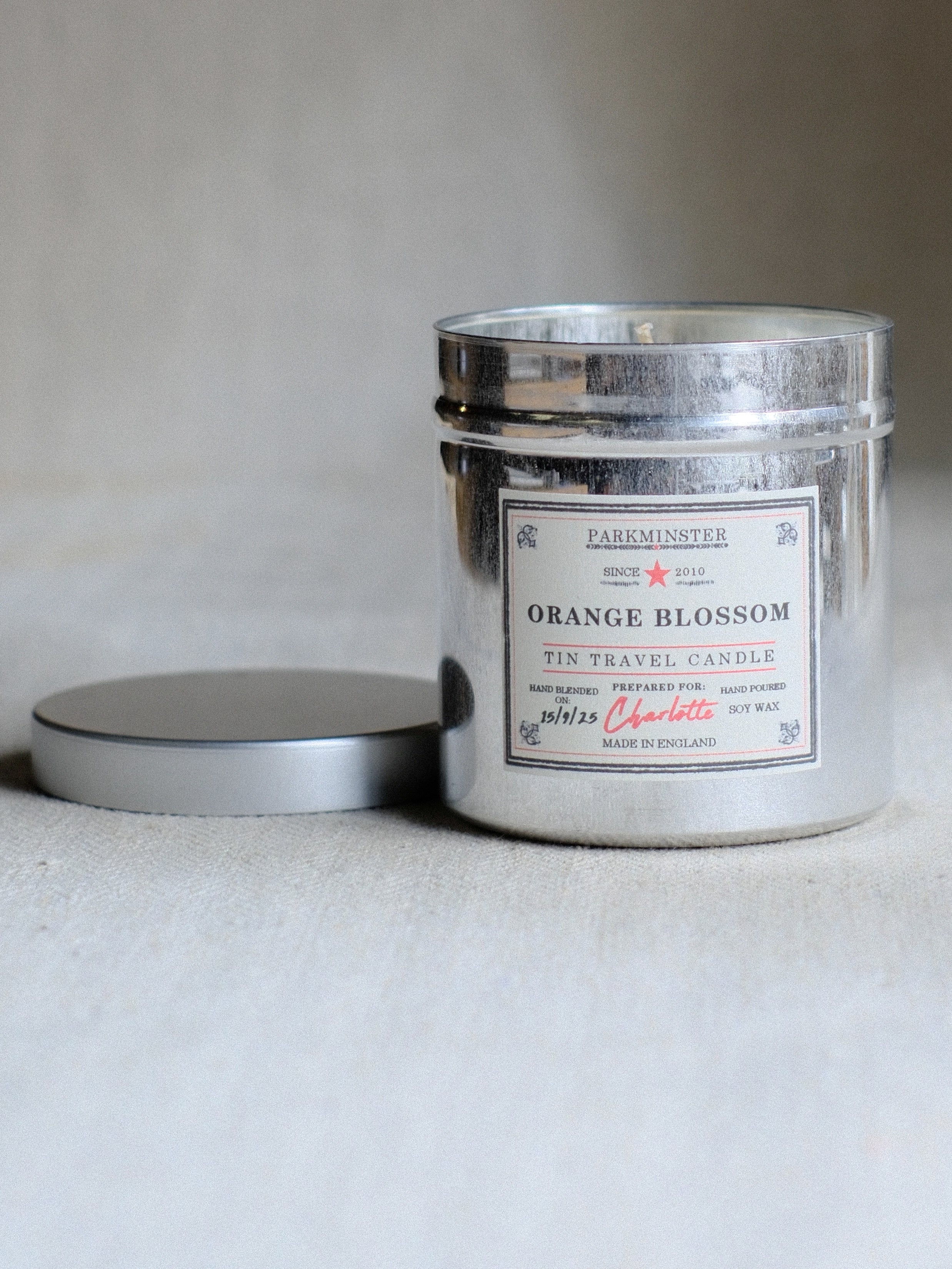 Orange Blossom Scented Tin Candle 280g – natural soy wax candle by Parkminster, floral citrus fragrance