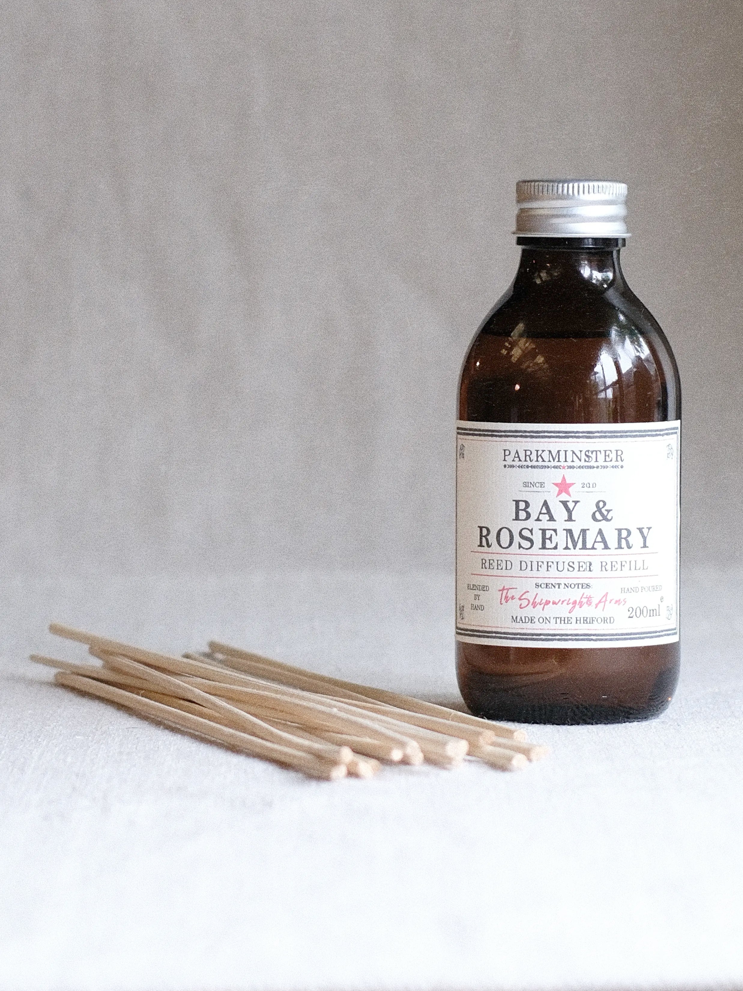 Natural Bay & Rosemary reed diffuser refill releasing a clean, woody herbal scent to restore your favourite Parkminster home fragrance diffuser