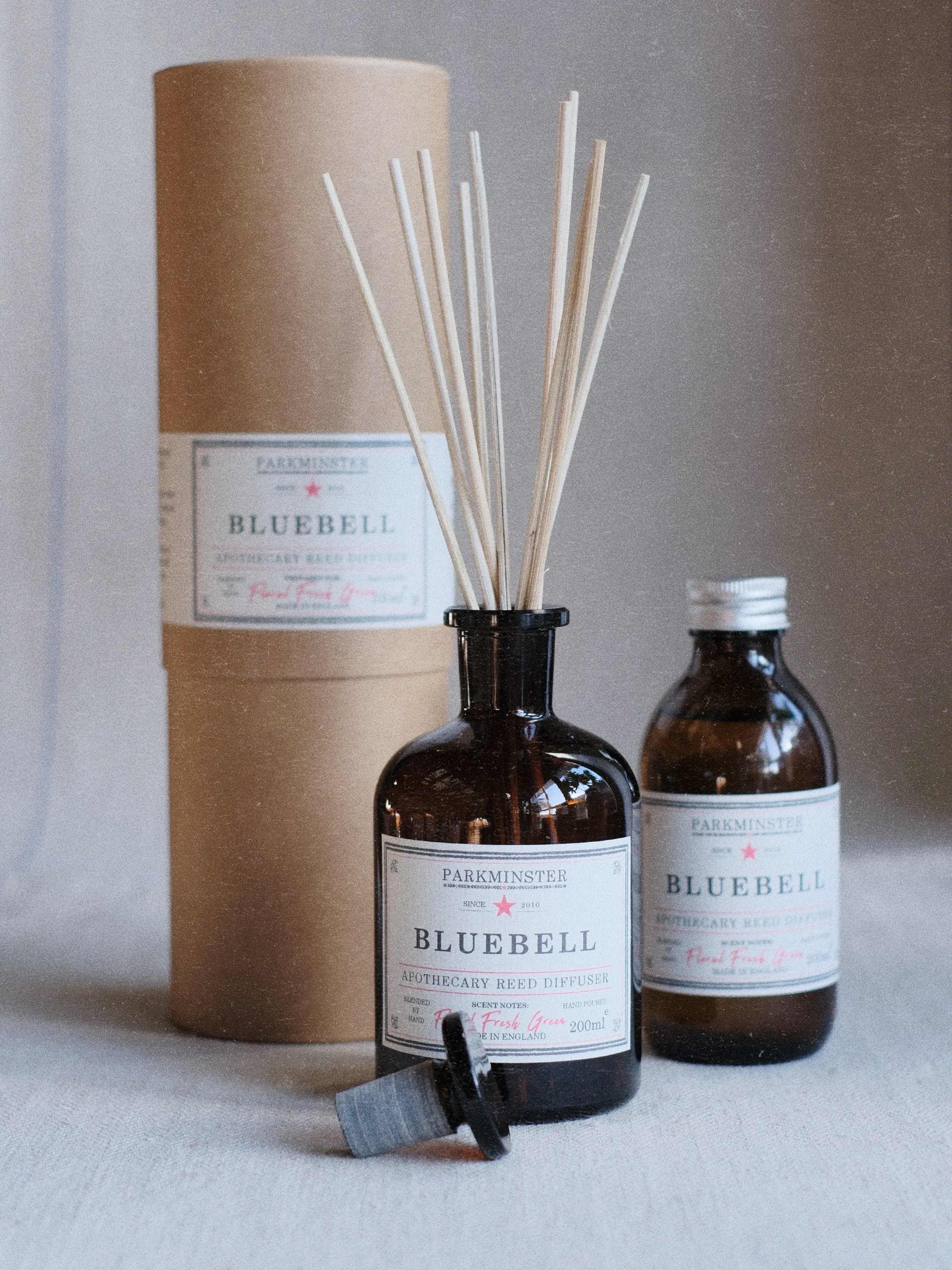 Parkminster Bluebell Apothecary Reed Diffuser in stylish gift packaging – delicate floral bluebell fragrance, perfect as a thoughtful home fragrance gift.