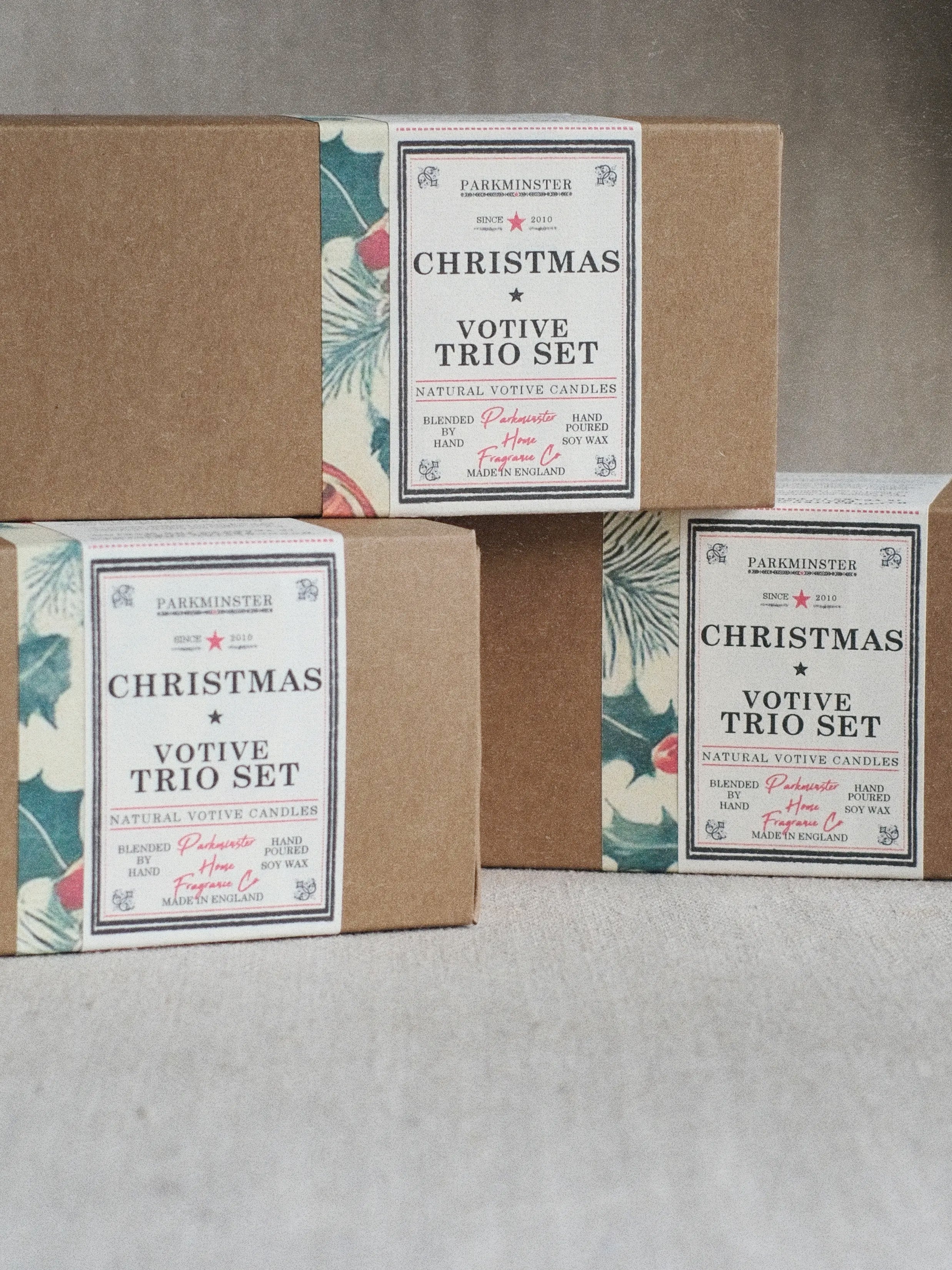 Parkminster Christmas Votive Trio Candle Gift Set – three natural plant-wax votive candles in festive scents, perfect as a Christmas candle present.