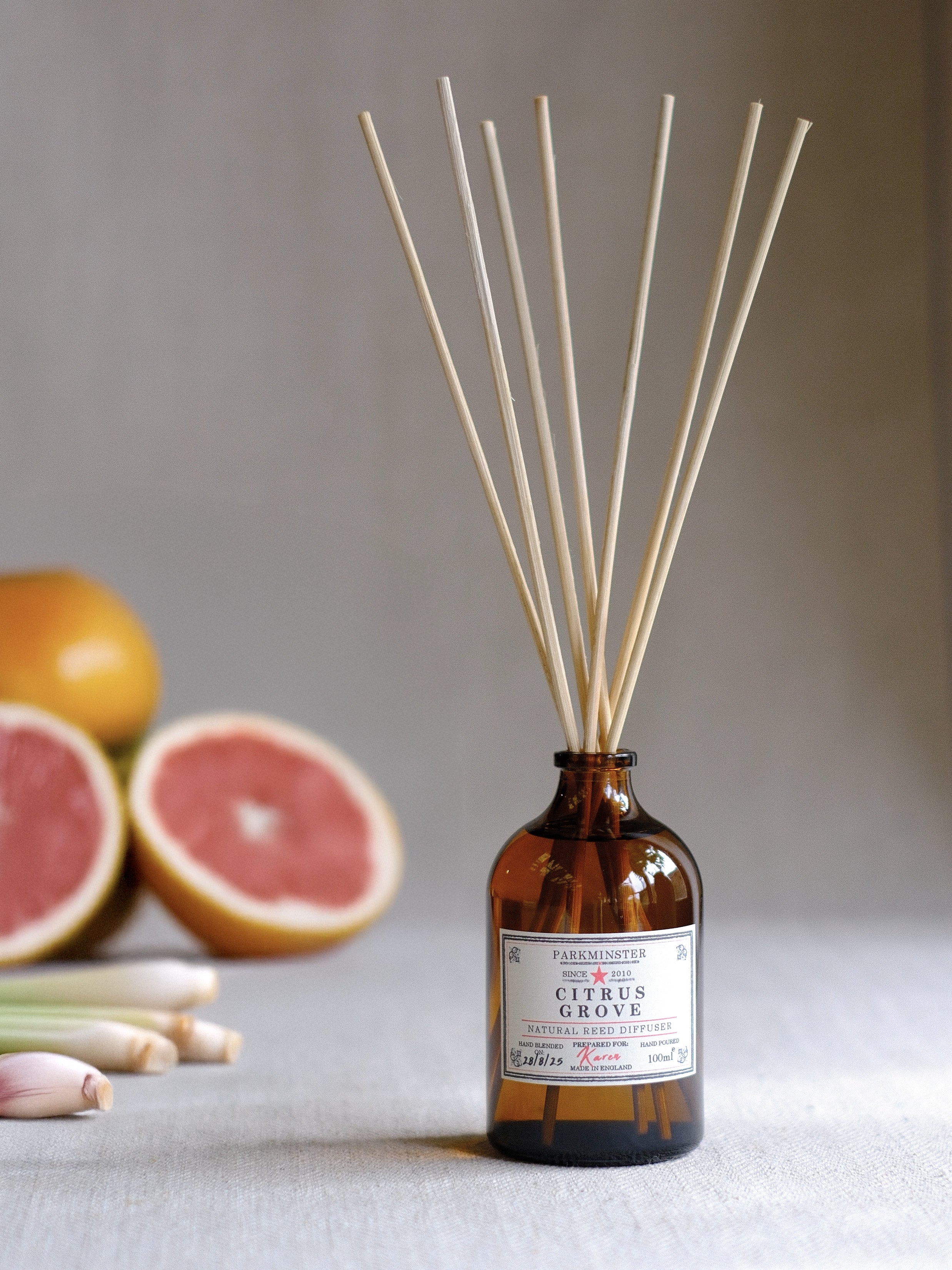 Parkminster Citrus Grove plant-based reed diffuser 100 ml – a bright, zesty natural reed diffuser home fragrance with lemon, grapefruit & spicy earth notes, hand-blended in Cornwall