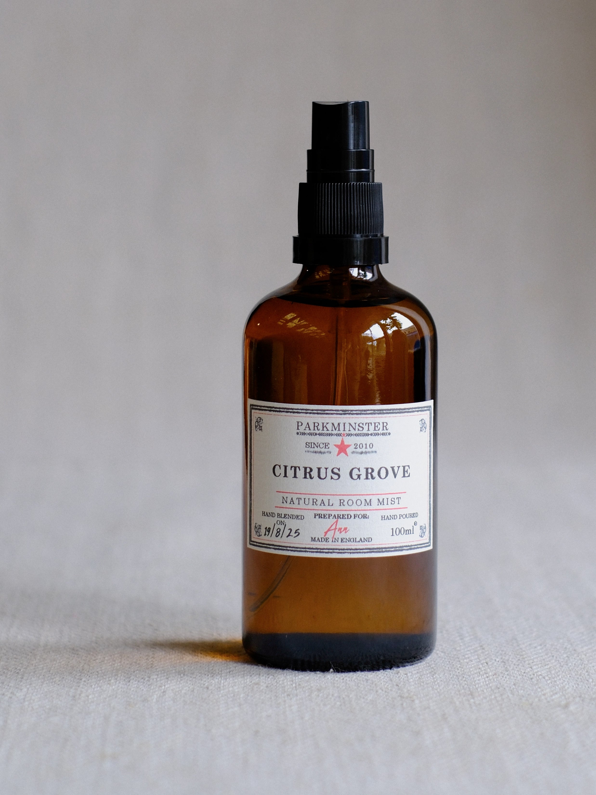 Parkminster Citrus Grove natural room mist – a bright, all-natural room spray with zesty lemon, grapefruit, warm spice, and earthy depth; perfect for freshening any space with uplifting home fragrance