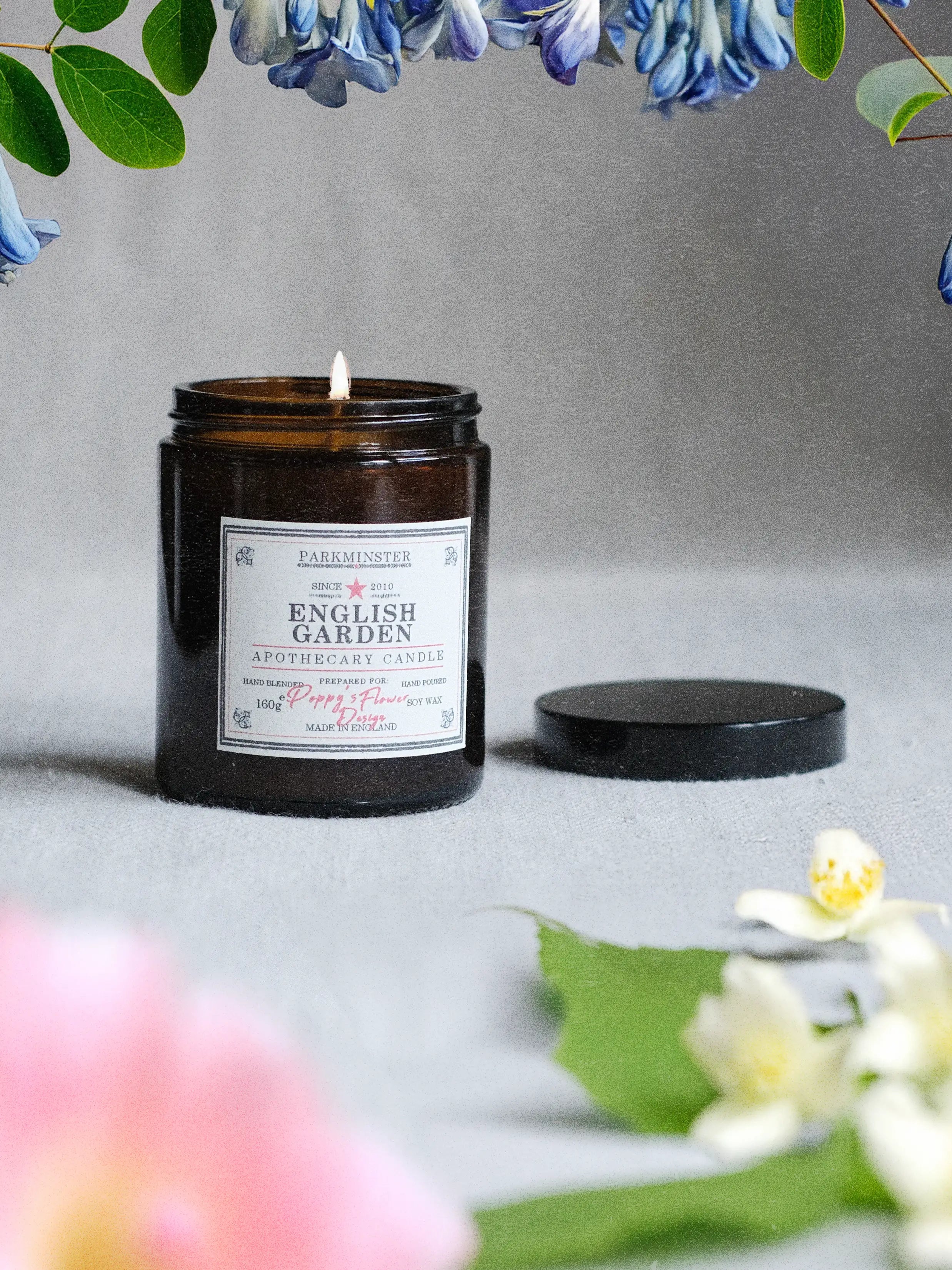 Parkminster English Garden Apothecary Candle in vintage amber glass jar with natural soy wax and floral jasmine fragrance for modern and rustic interiors