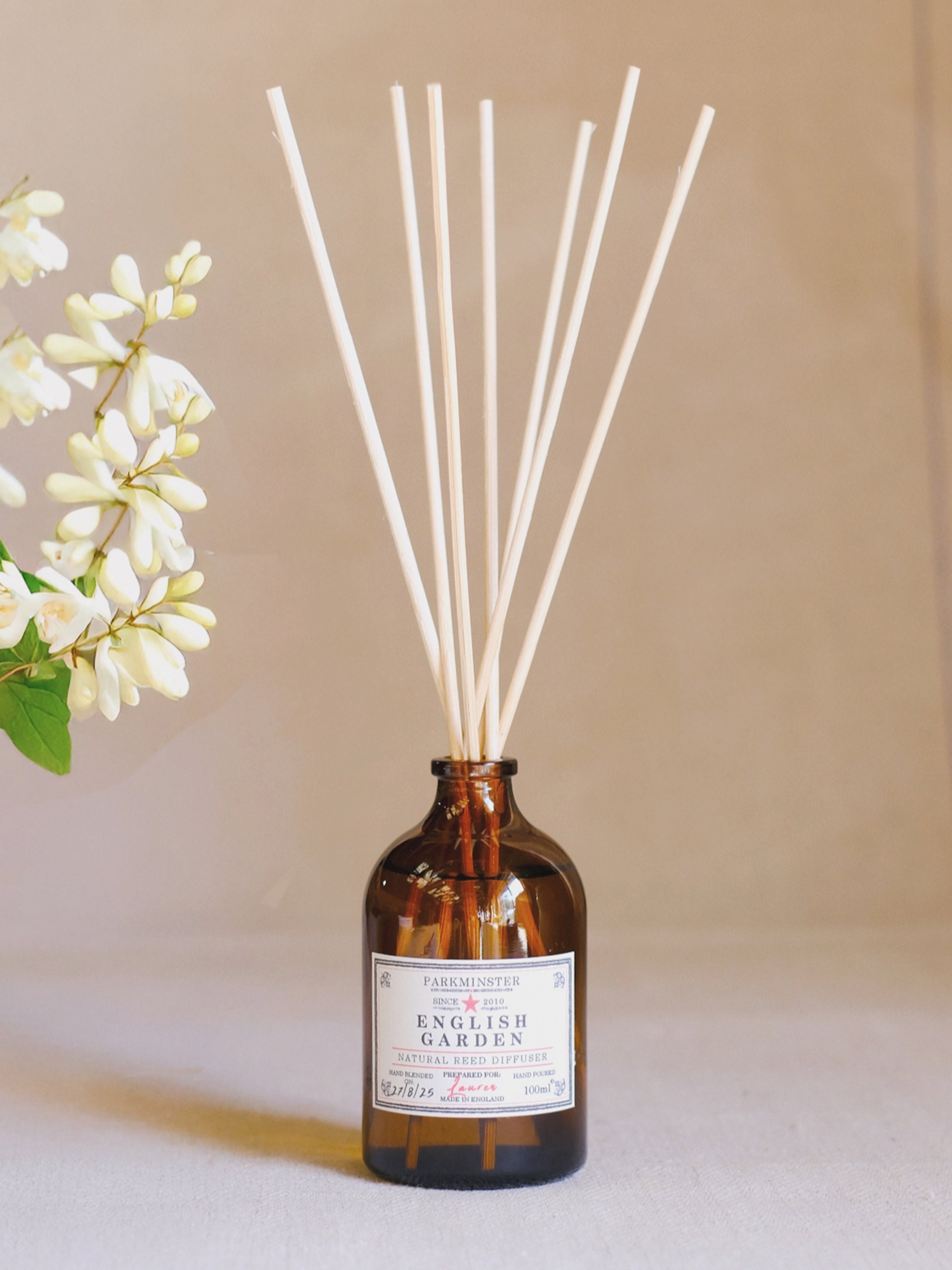 Parkminster English Garden reed diffuser – floral, rich & sweet natural home fragrance hand-blended in Cornwall from jasmine, honeysuckle and fruit tree notes