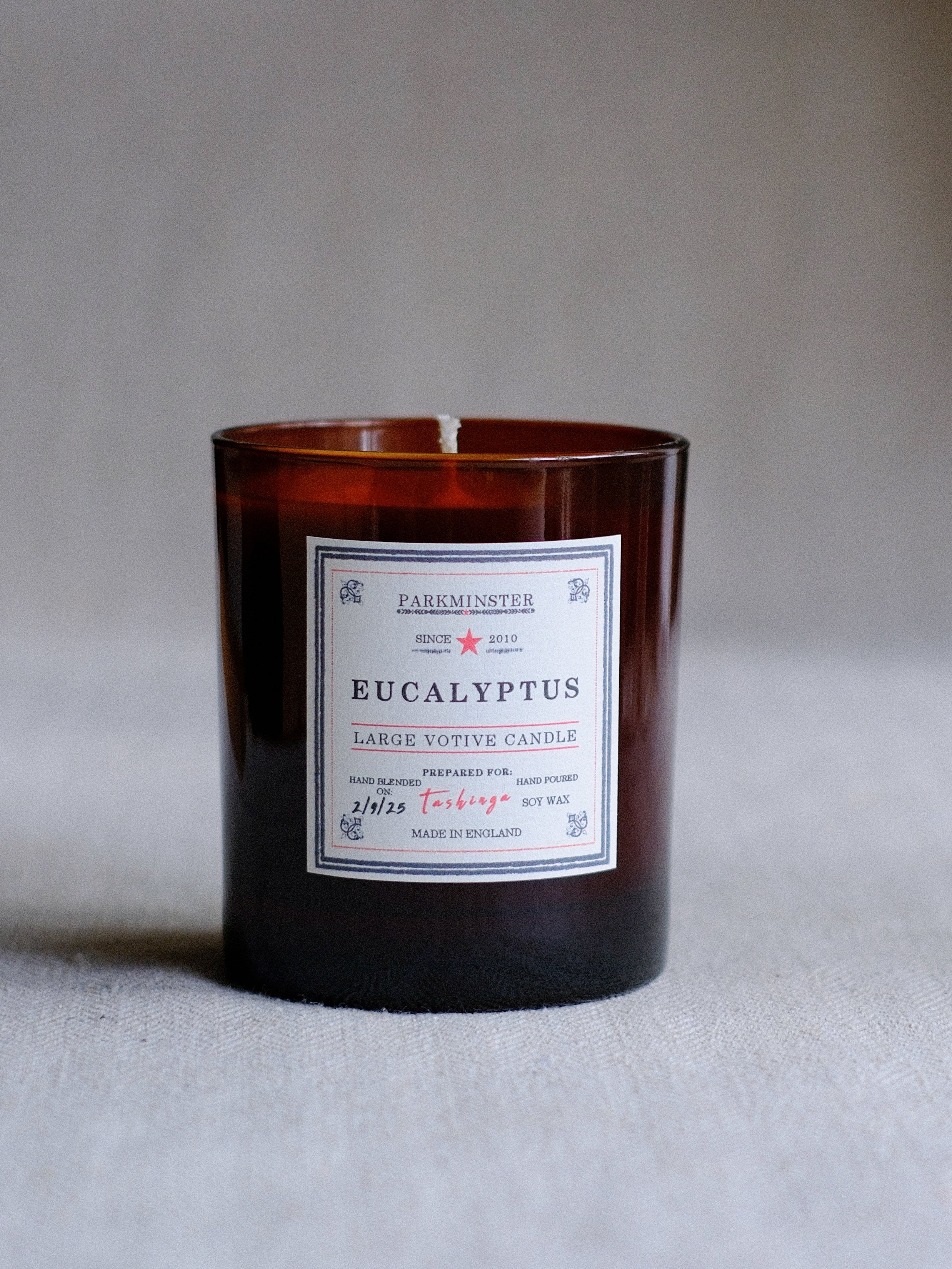 Eucalyptus soy wax candle by Parkminster natural candle with essential oils of eucalyptus – scented candle in recyclable glass, made to order; a thoughtful candle present