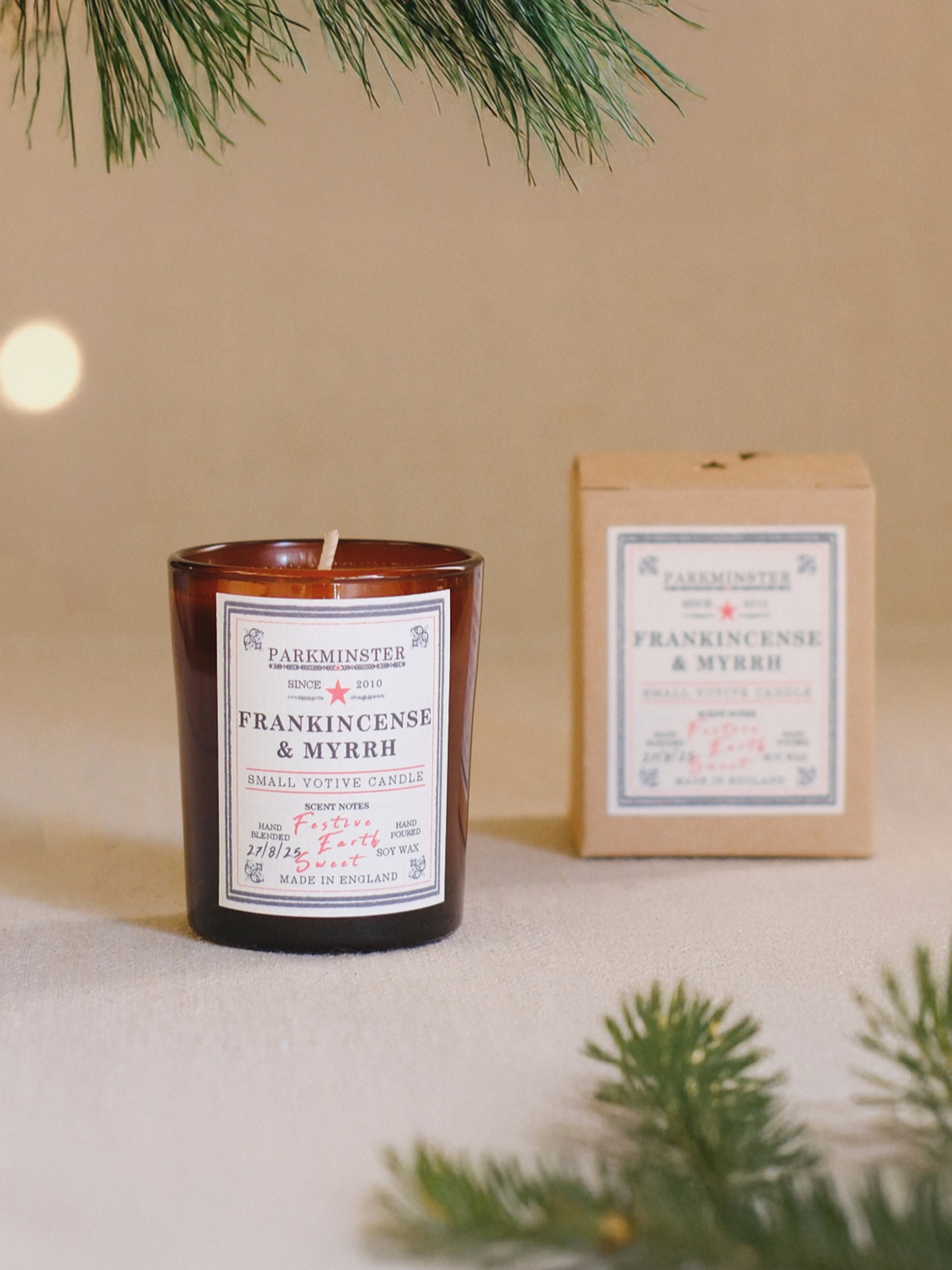 Frankincense & Myrrh 75 g votive candle by Parkminster – hand-poured soy wax, festive and comforting scent perfect as a small candle gift or stocking filler