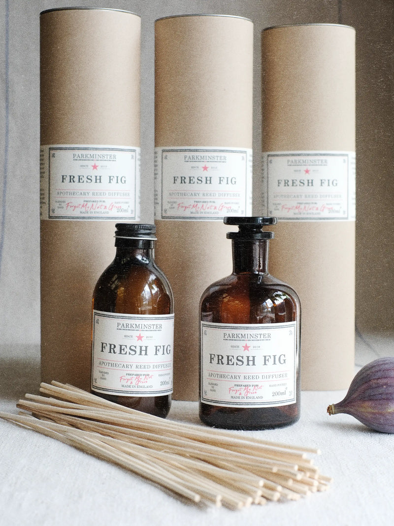 Parkminster Fresh Fig apothecary reed diffuser in amber glass jar with natural plant-based base and fruity green fig fragrance for fresh modern interiors