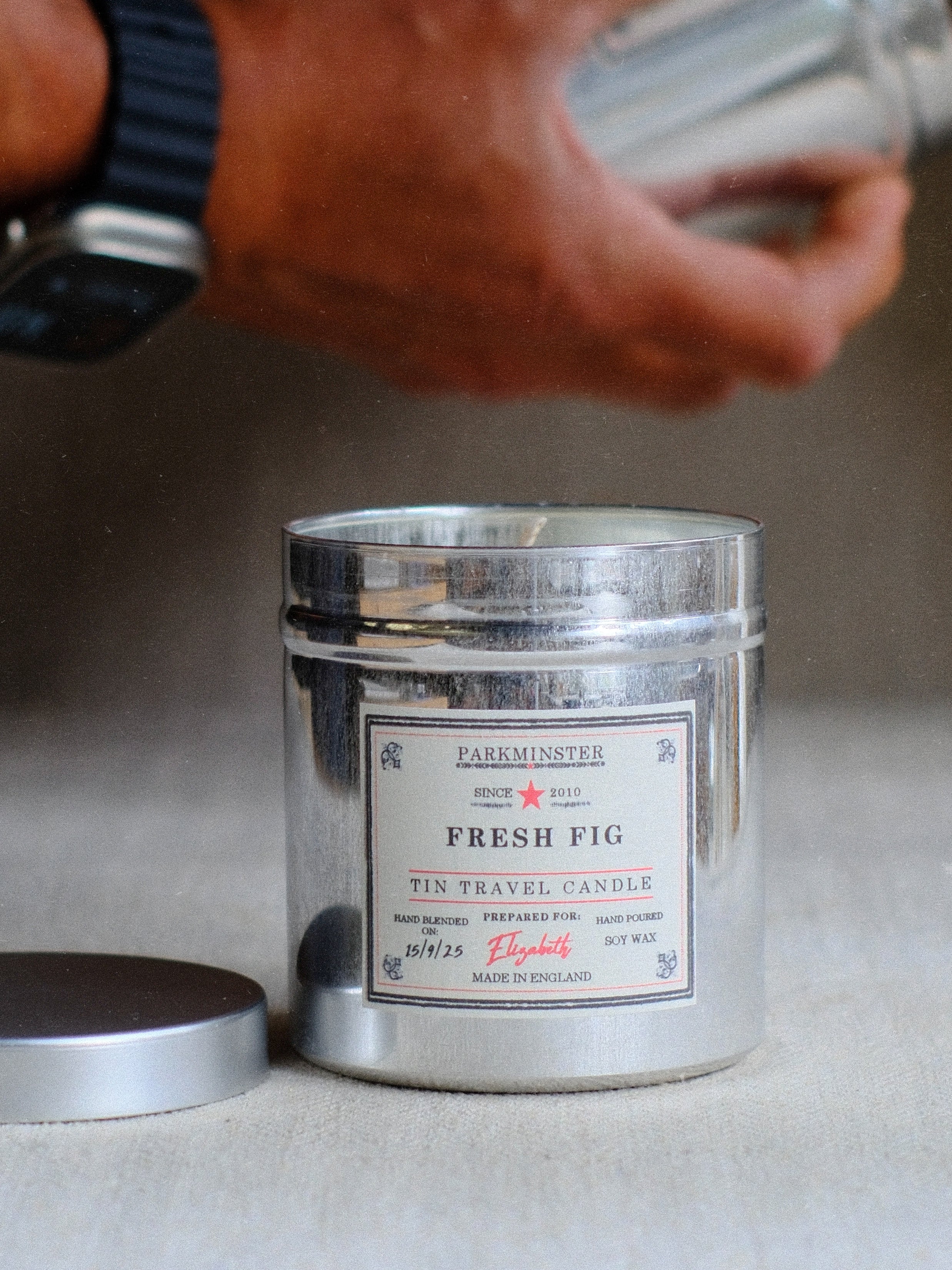 Parkminster Fresh Fig Tin Travel Candle 280g – green, fruity fig & citrus fragrance in a natural soy wax candle, perfect for travel