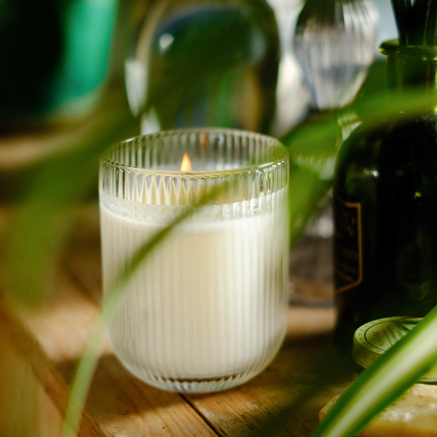 Parkminster Fresh Fig HAVEN Candle in ribbed glassware, featuring a soothing fruity fig fragrance and soft ambient glow, creating a calming atmosphere.