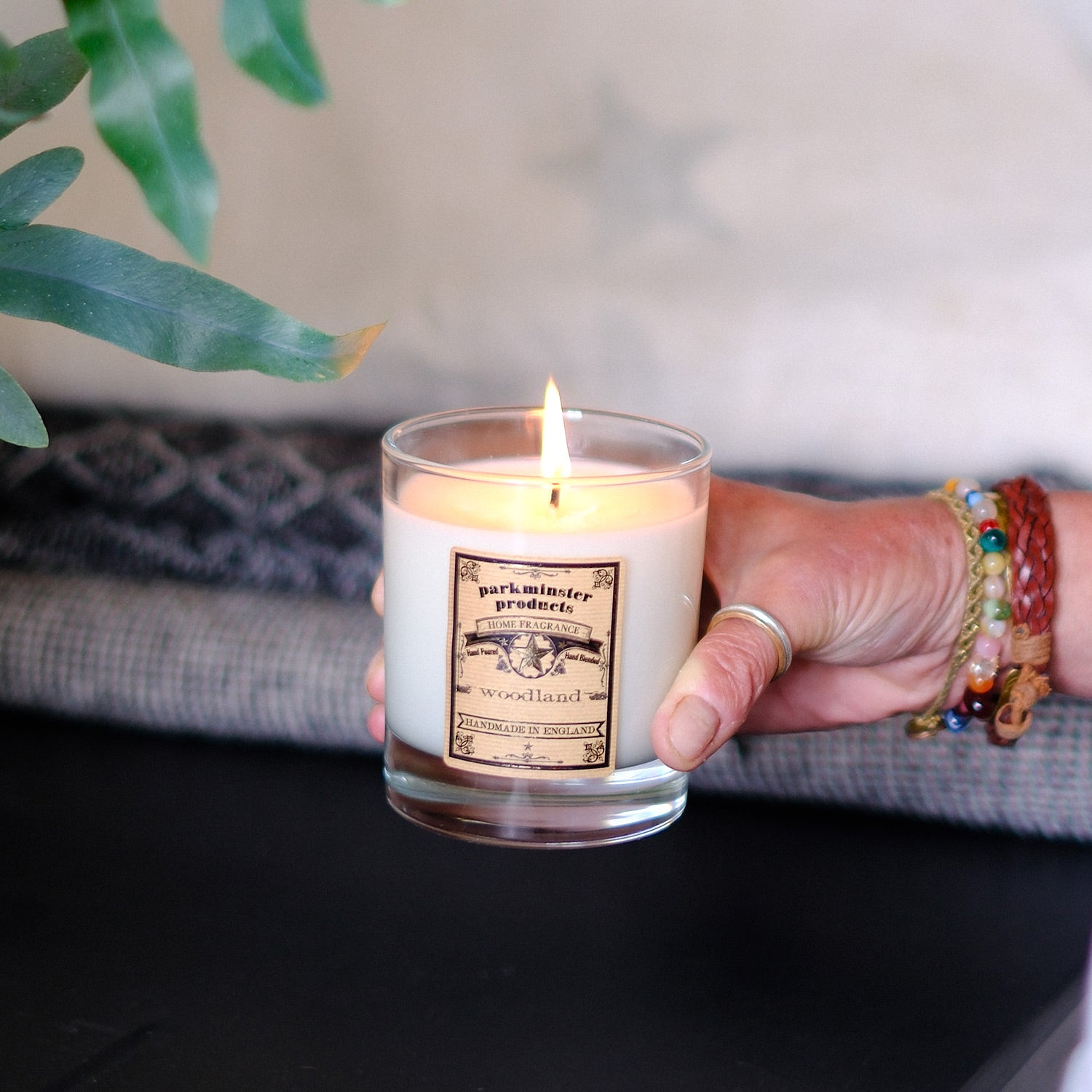 Woodland Large Votive Candle: A 220g candle handcrafted by Parkminster in Cornwall, featuring earthy, smoky, and woody notes. Made from sustainable soy wax, plastic-free with an option for packaging-free.