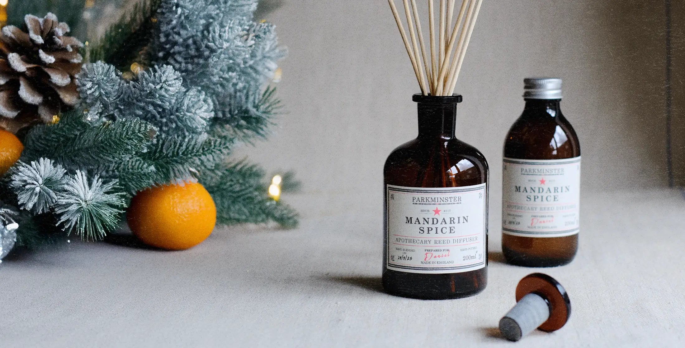 Parkminster Mandarin Spice Apothecary Reed Diffuser – warm festive fragrance with orange and cinnamon, the perfect natural Christmas gift.