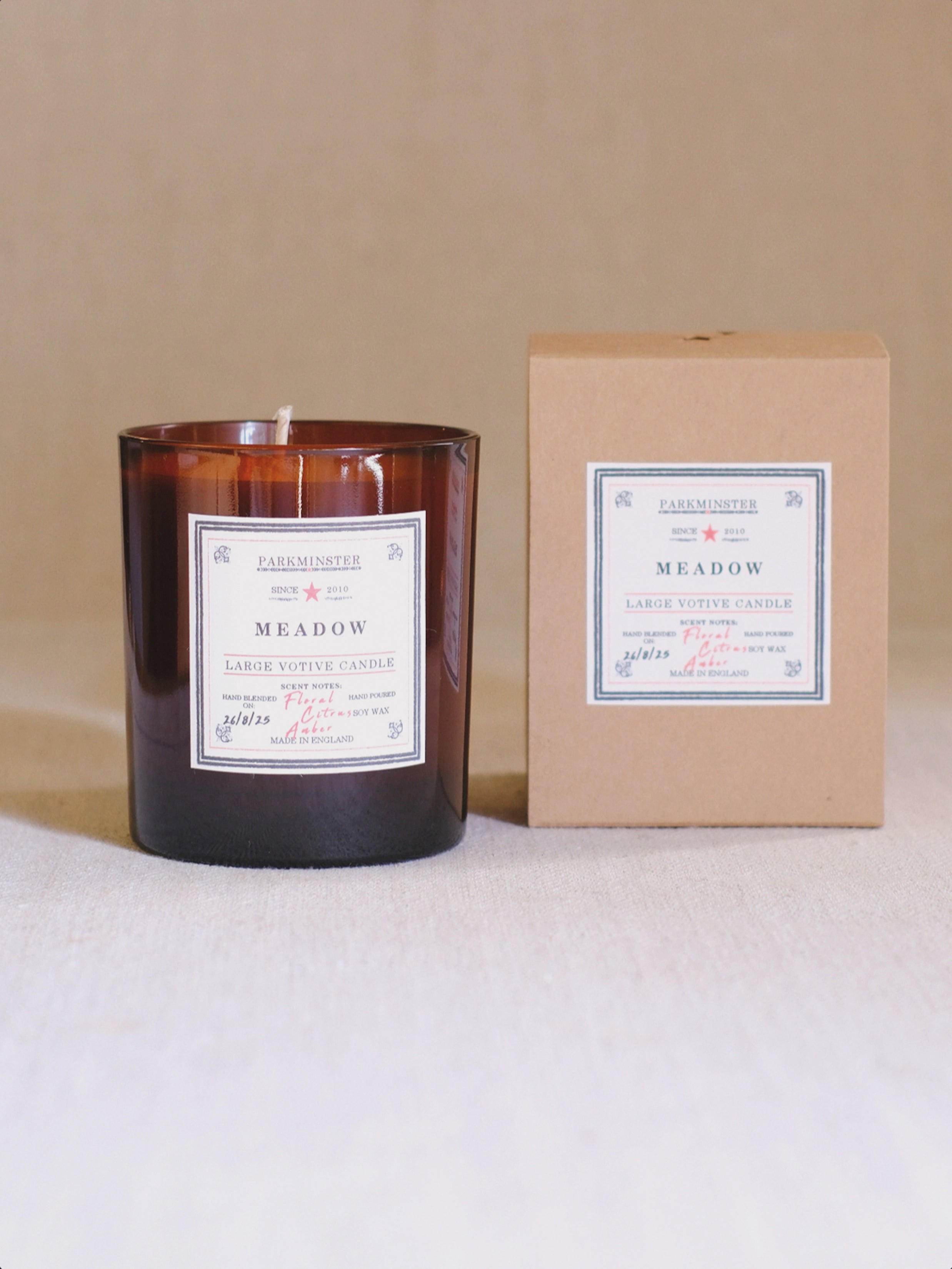 Parkminster Meadow large votive soy candle 220 g – floral, citrus, amber natural home fragrance, hand-made in Cornwall for a special candle gift