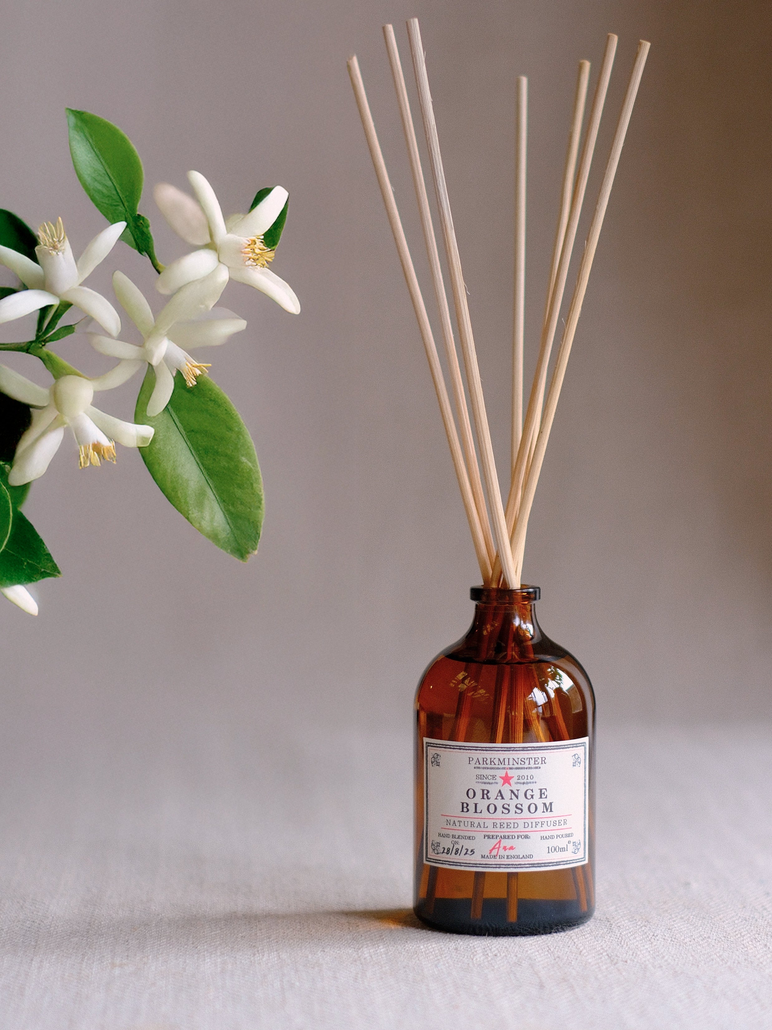 Parkminster Orange Blossom plant-based reed diffuser 100 ml – natural home fragrance with bright white floral and fresh citrus notes, hand-blended in Cornwall