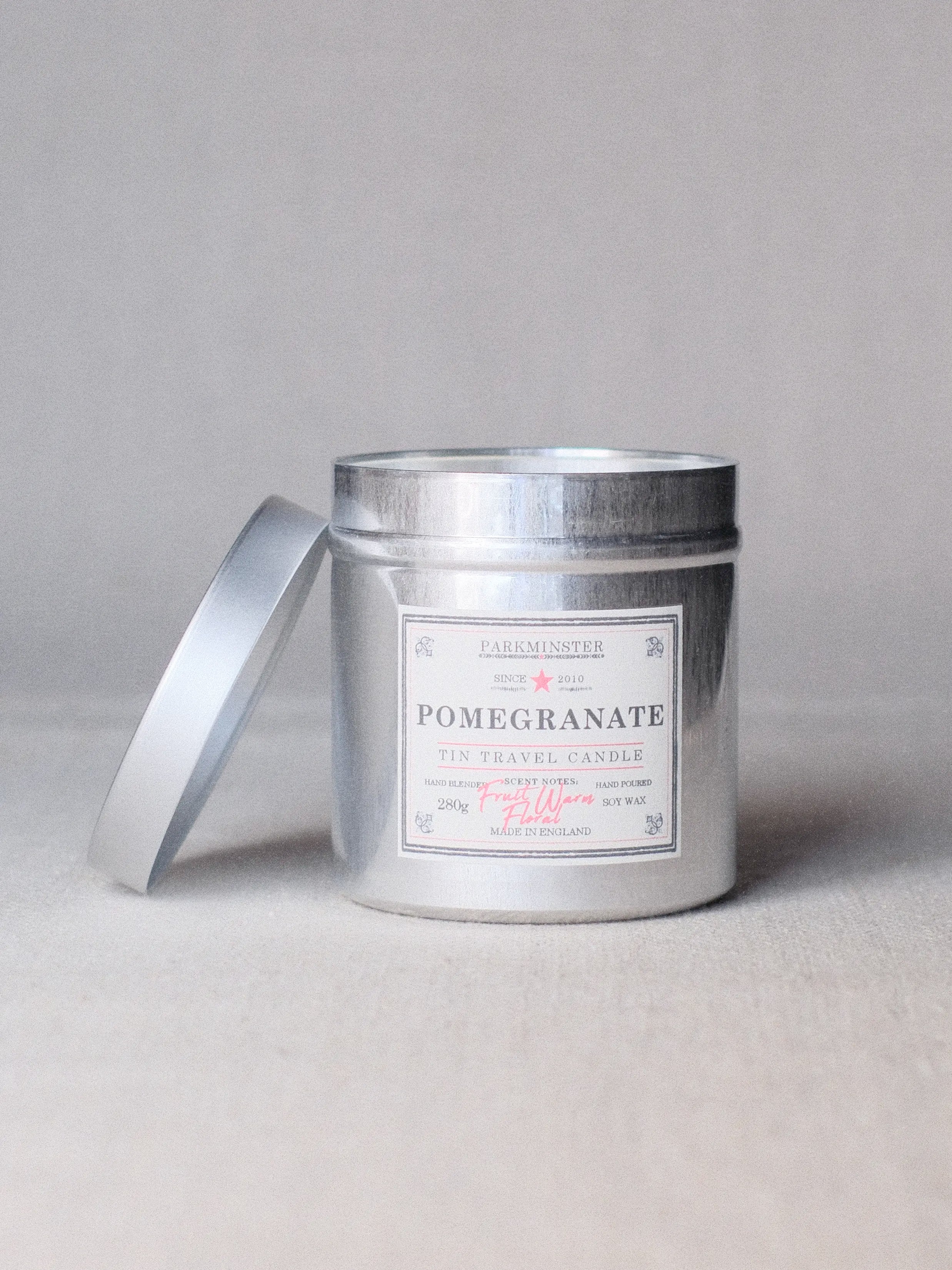 Parkminster Pomegranate Tin Candle 280 g – vibrant ripe pomegranate and citrus sweet‑fruit fragrance in a stylish reusable tin, handmade in Cornwall.