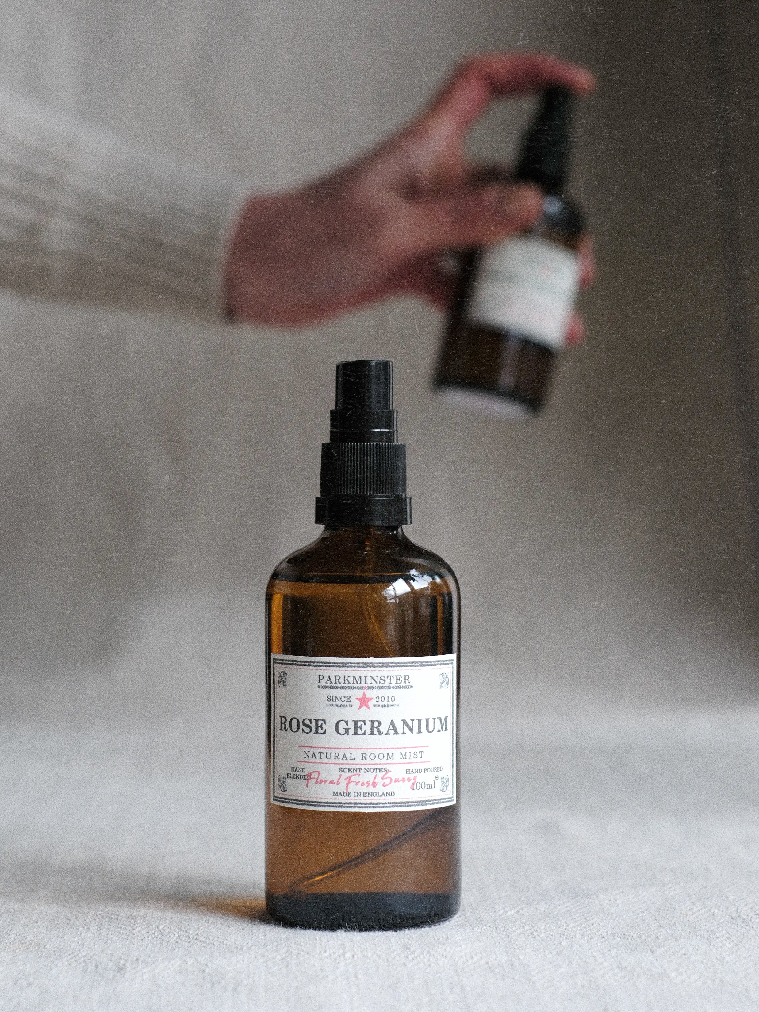 a Natural Rose & Geranium home scent spray bottle by Parkminster - for an uplifting floral ambience