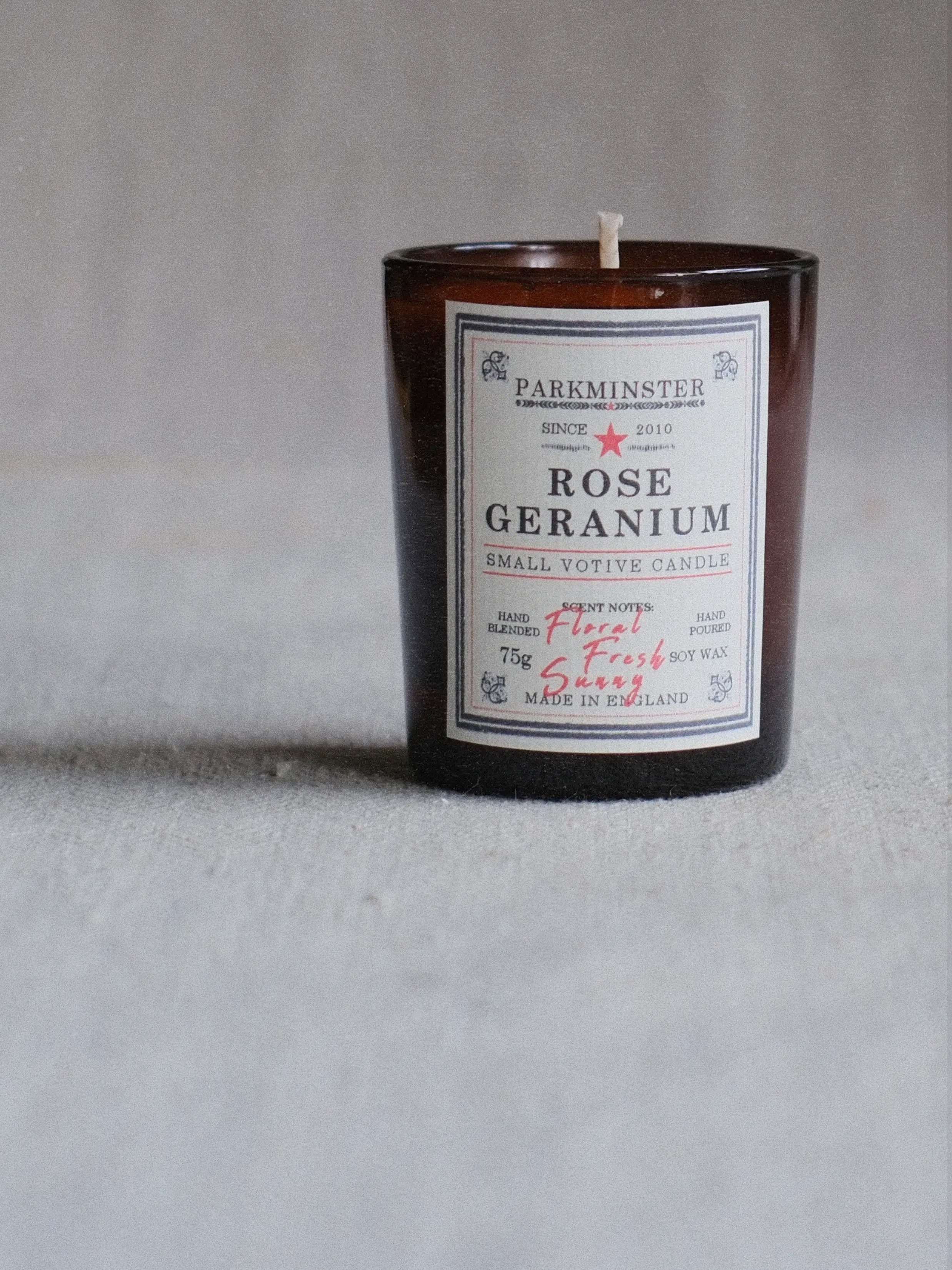 Parkminster Rose Geranium Small Votive Candle 75 g – natural floral soy wax candle with rose-geranium and soft, sweet fragrance notes