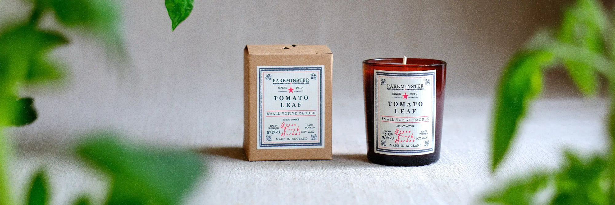 a Parkminster small natural soy candle in Tomato Leaf fragrance with recycled kraft paper box, hand-poured, 75g and made to order for smaller rooms