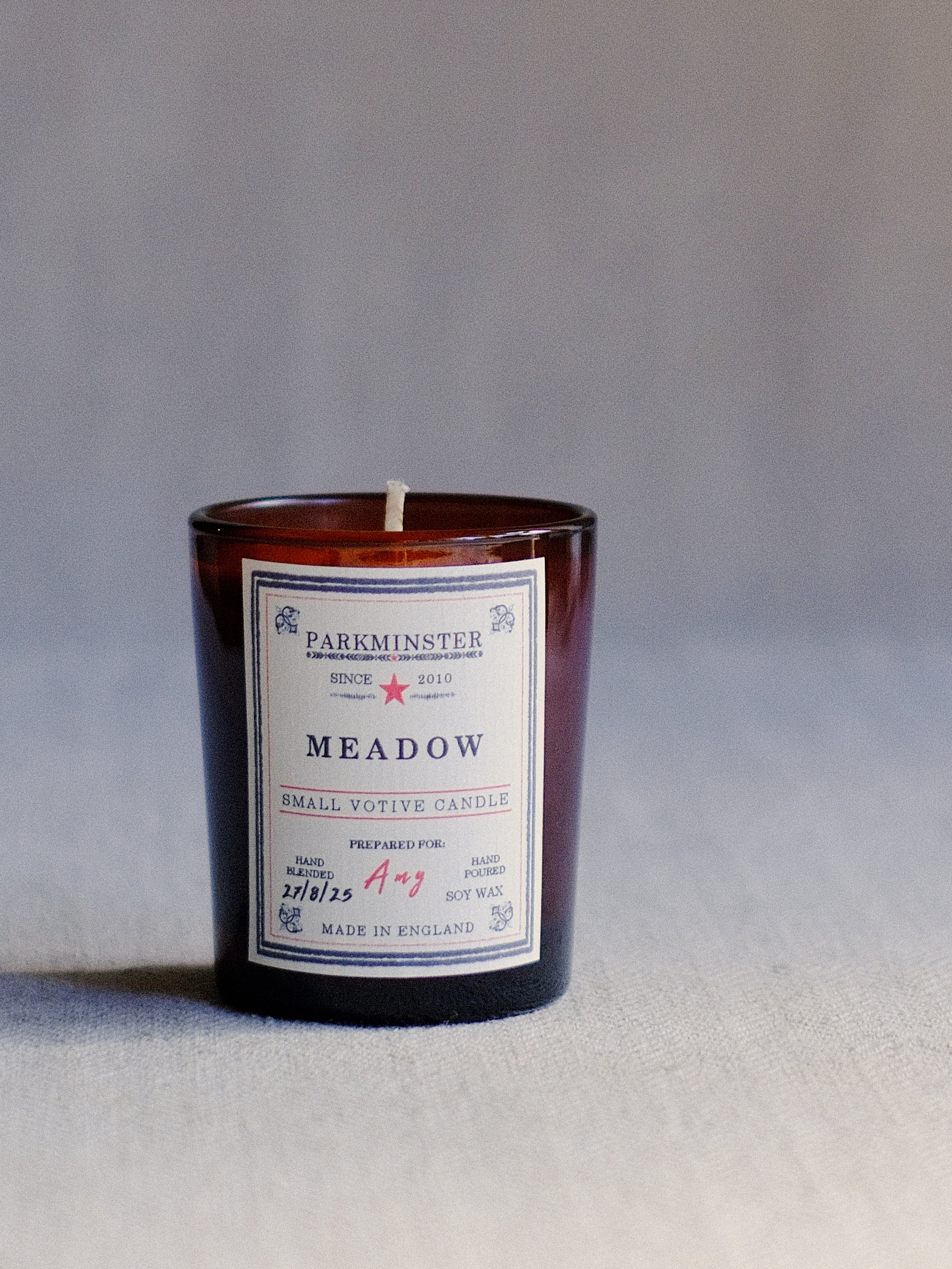 Parkminster Meadow small votive soy candle 75 g – floral, citrus, amber aroma with delicate rose; natural home fragrance, handmade in Cornwall