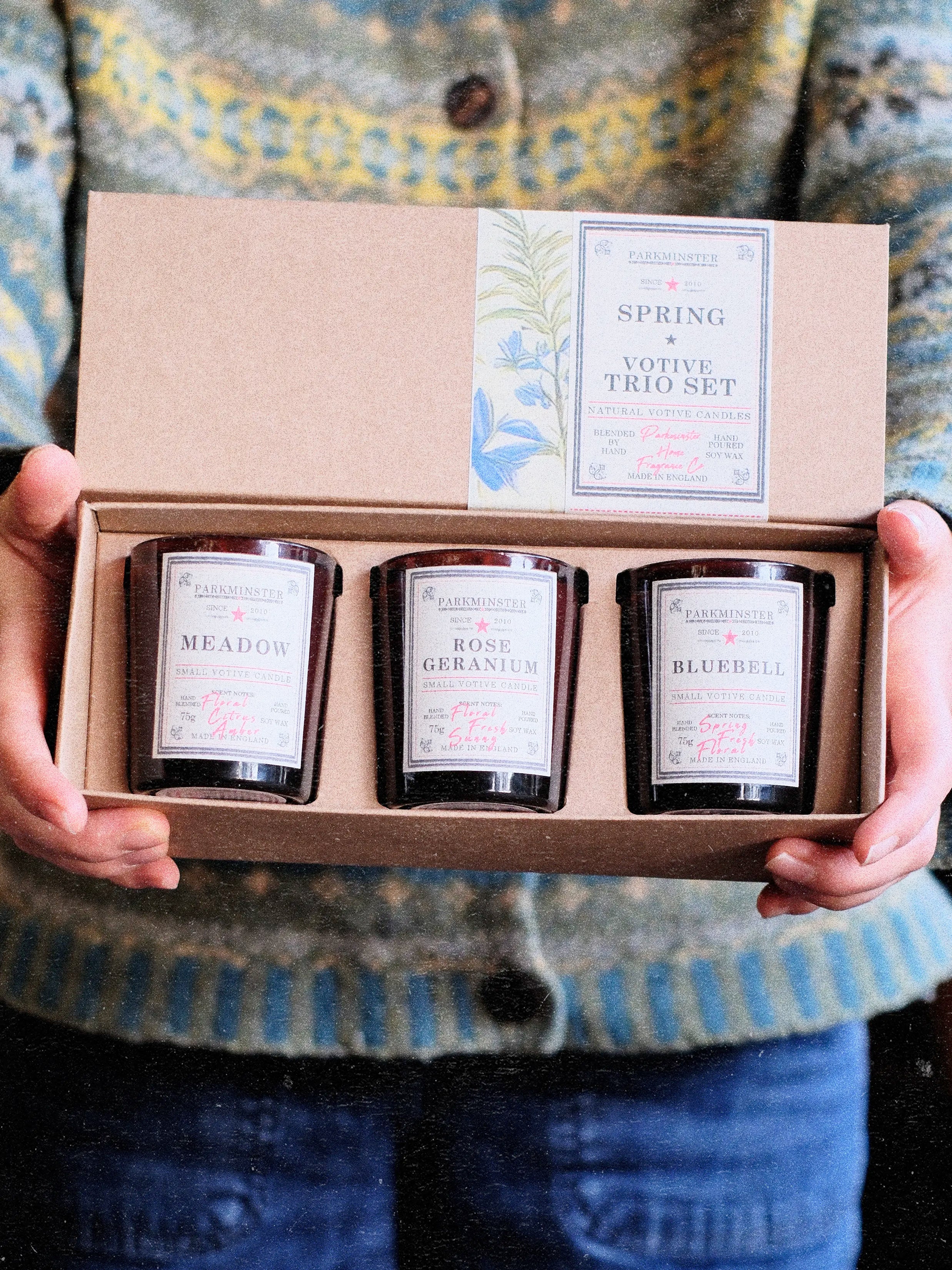Parkminster Spring Triple Pack Candle Gift Set featuring Meadow, Rose Geranium and Bluebell soy wax candles — a fresh and floral seasonal gift.