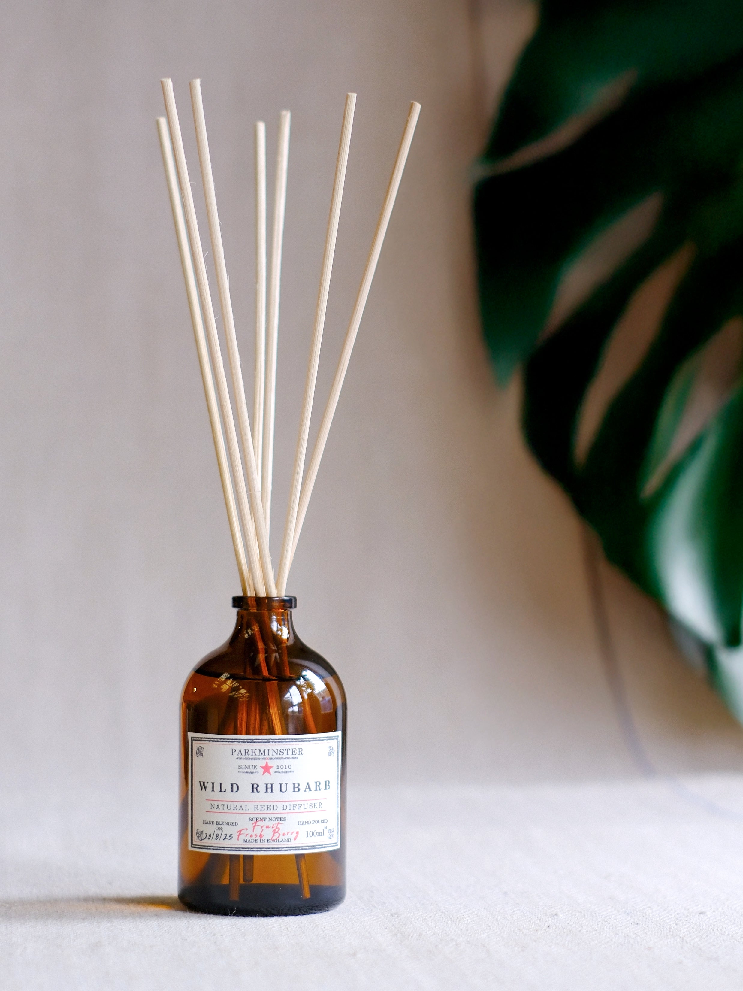 Parkminster Wild Rhubarb reed diffuser – fresh, fruity, plant-based home fragrance hand-blended in amber glass for a natural and stylish finish
