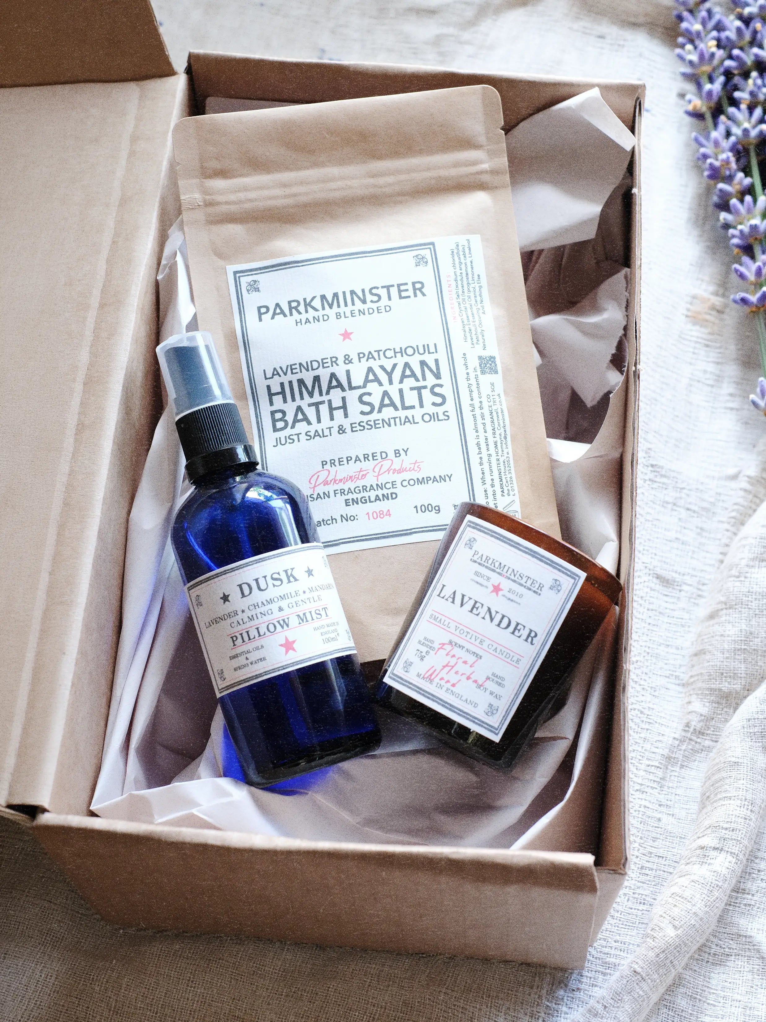 Parkminster sleep and wellness gift box with lavender candle, bath salts and pillow mist for a calming evening routine
