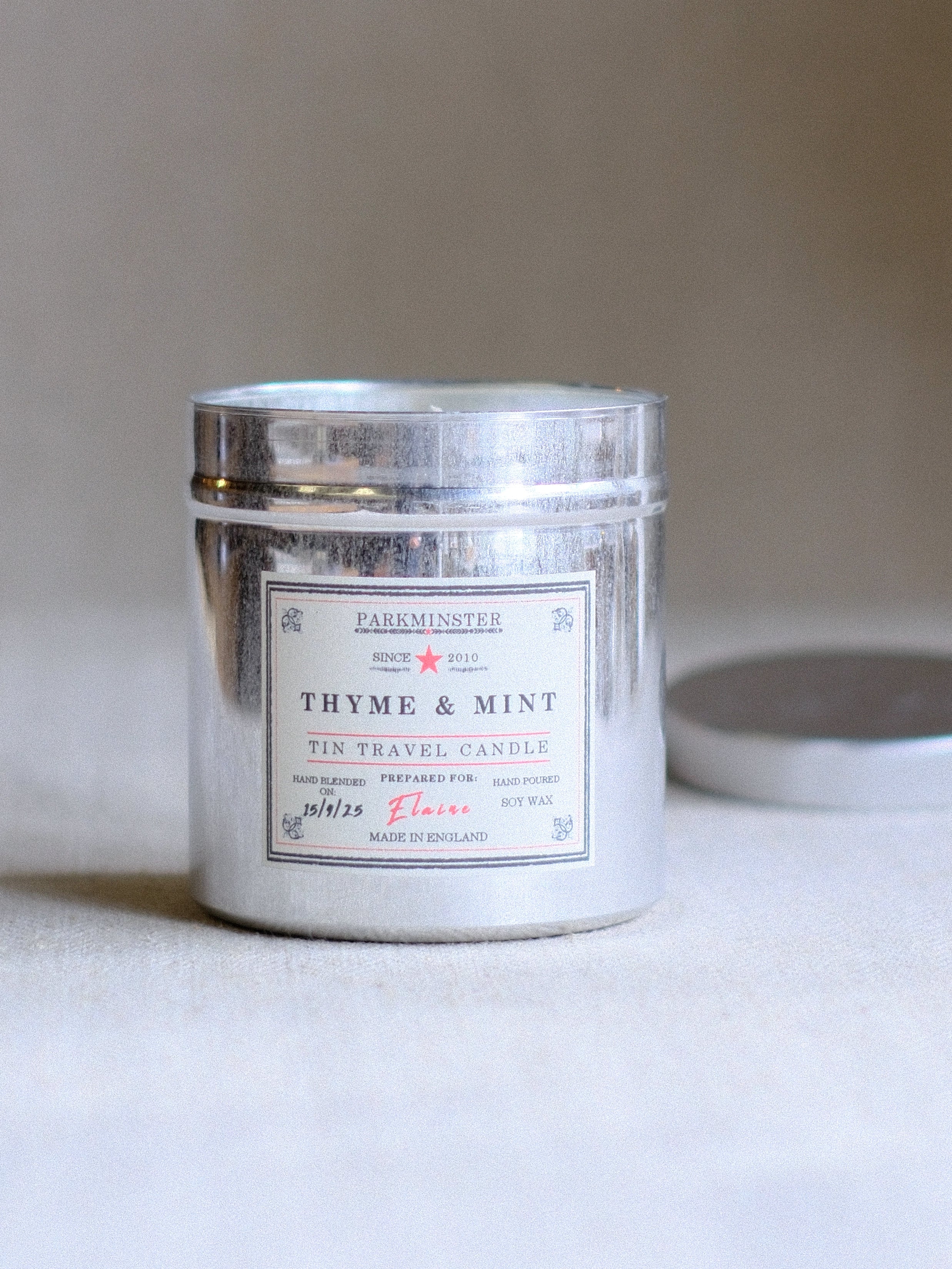 Thyme & Mint Scented Tin Candle 280g – natural soy wax candle by Parkminster, refreshing herbal fragrance