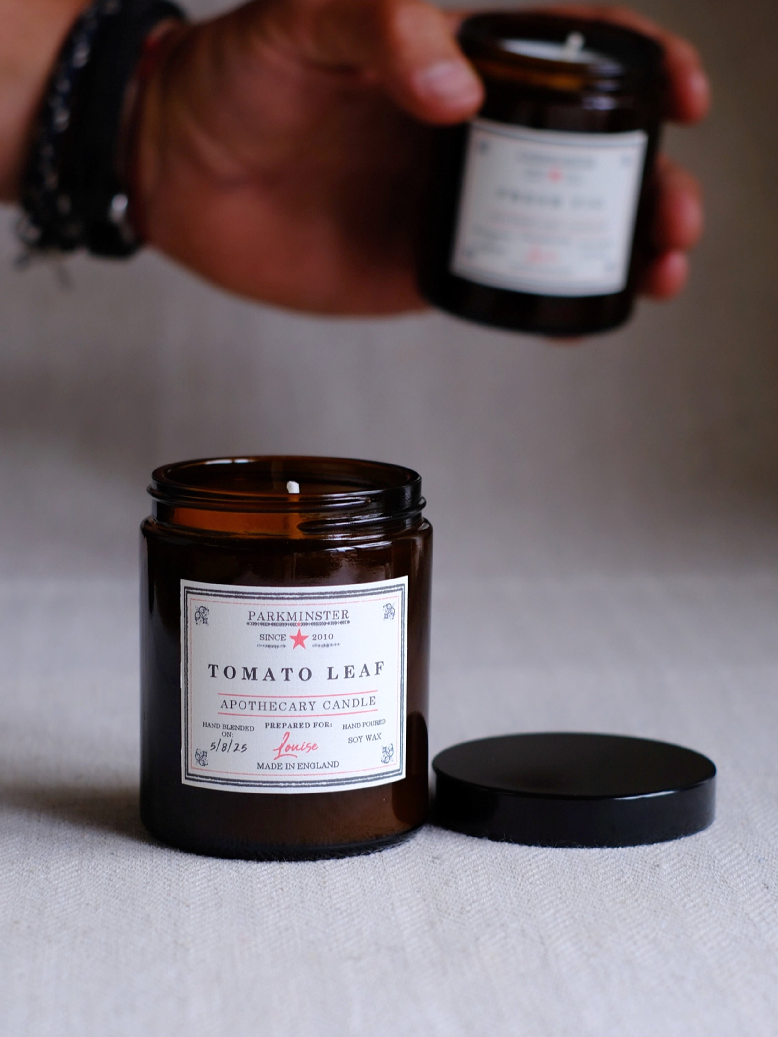 Tomato Leaf natural soy wax jar candle in amber apothecary glass – fresh botanical scented candle and thoughtful candle gift.