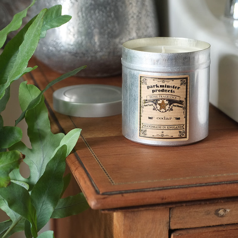 Cedar Scented Tin Candle by Parkminster - 350g 12oz - Beautiful Scents in a stylish aluminium tin which is perfect for reuse or recycling
