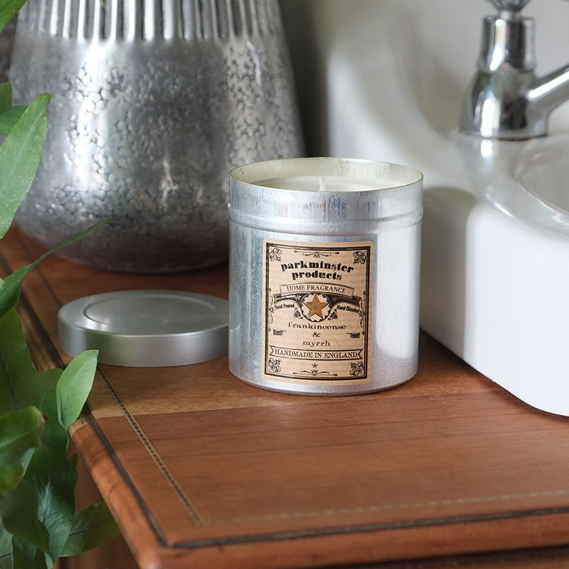 Frankincense & Myrrh Scented Tin Candle by Parkminster - 350g 12oz - Beautiful Scents in a stylish aluminium tin which is perfect for reuse or recycling