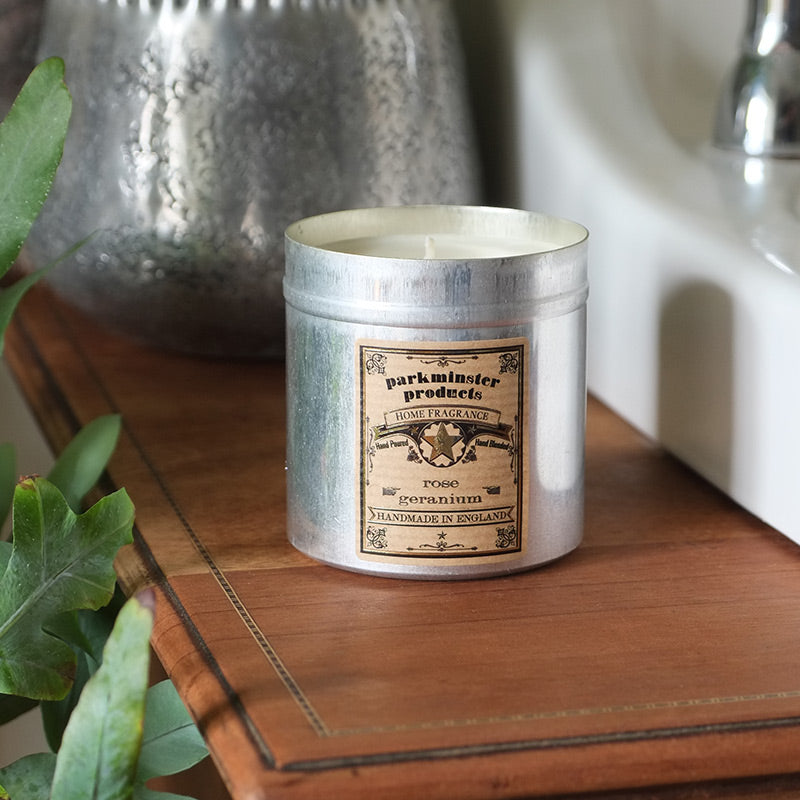 Rose Geranium Scented Tin Candle by Parkminster - 350g 12oz - Beautiful Scents in a stylish aluminium tin which is perfect for reuse or recycling