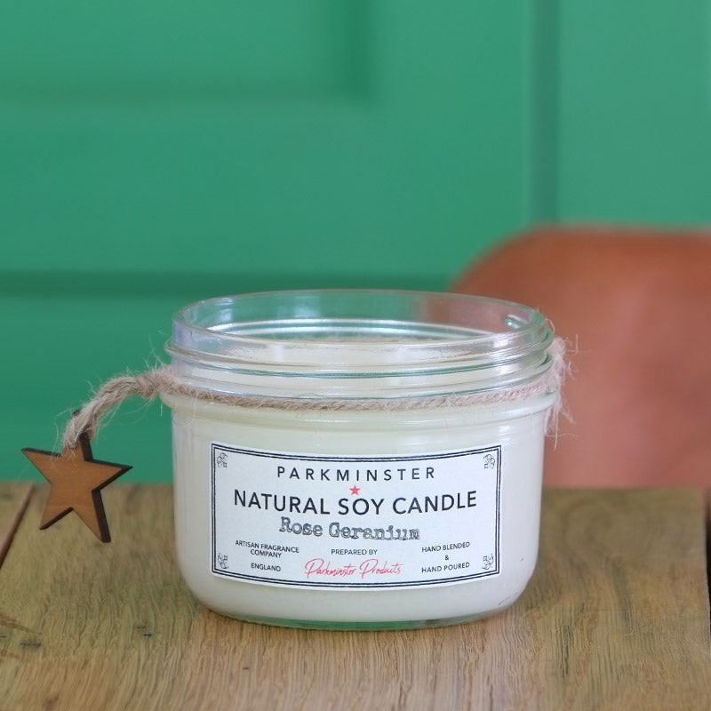 Rose Geranium Scented Vintage Star Jar Candle - 280g - At Parkminster we hand blend and hand pour every candle in our Sussex & Cornwall workshops. Everything we sell has been made by us, using natural & sustainable ingredients, essential oils and soy wax. Our packaging is always recycled & recyclable.